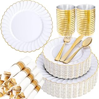 YOUBET 350PCS Gold Scalloped Plastic Plates - White and Gold Disposable Dinnerware Set Include 100 Plates, 150 Gold Silverware, 50 Cups, 50 Napkins for Wedding & Party & Thanksgiving