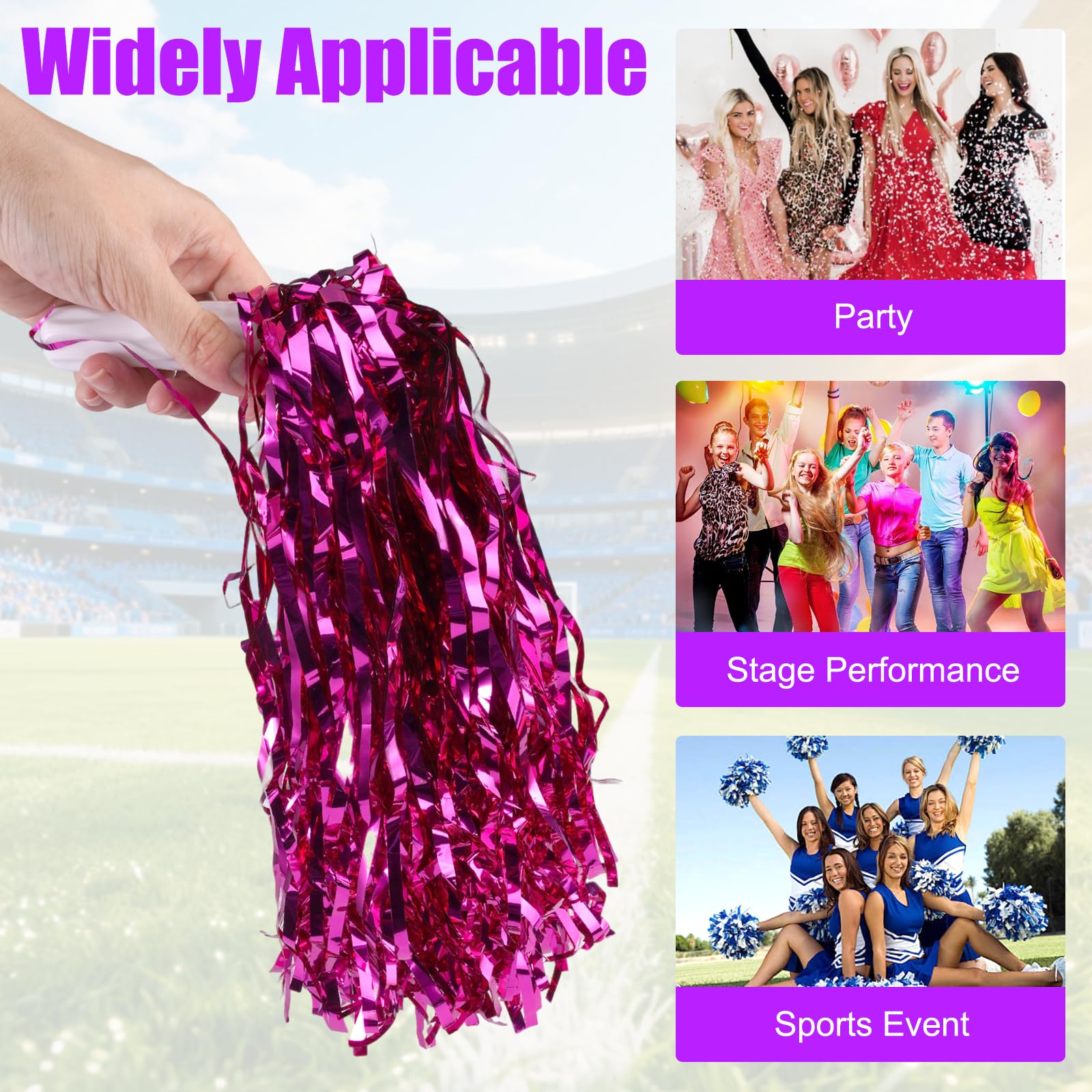 Pompones de Animadora 6 Piezas con Mango Azul/Violeta/Magenta para Eventos Deportivos y Fiestas