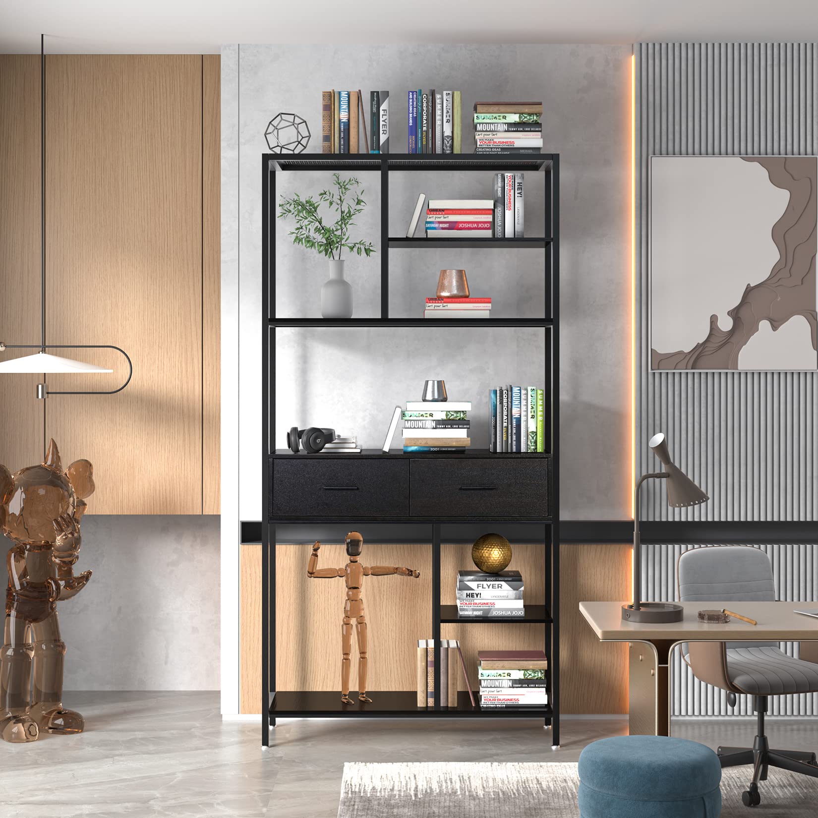 unho Librería con Cajón Industrial, Estantería Alta con Estantes de Almacenamiento de 5 Niveles, Marco de Metal y Gabinete de Madera, Estantería Independiente para Libros para Oficina en Casa
