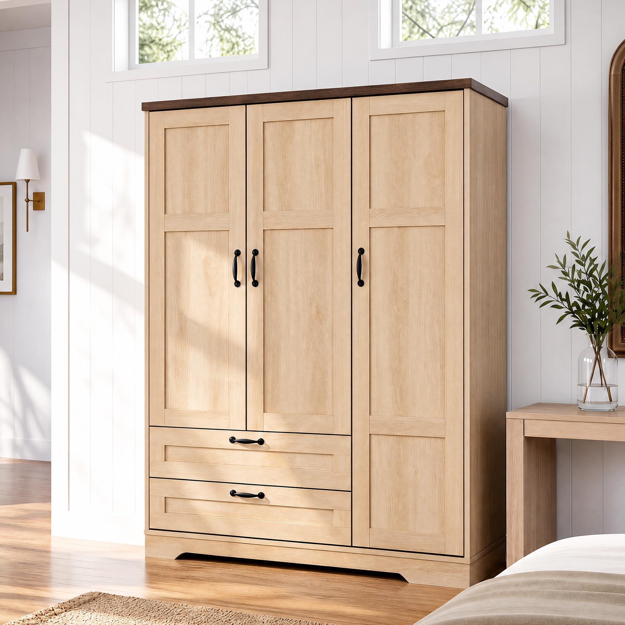 Yechen 62' Wooden Armoire Wardrobe Closet with 3 Doors & 2 Drawers, Mirror
