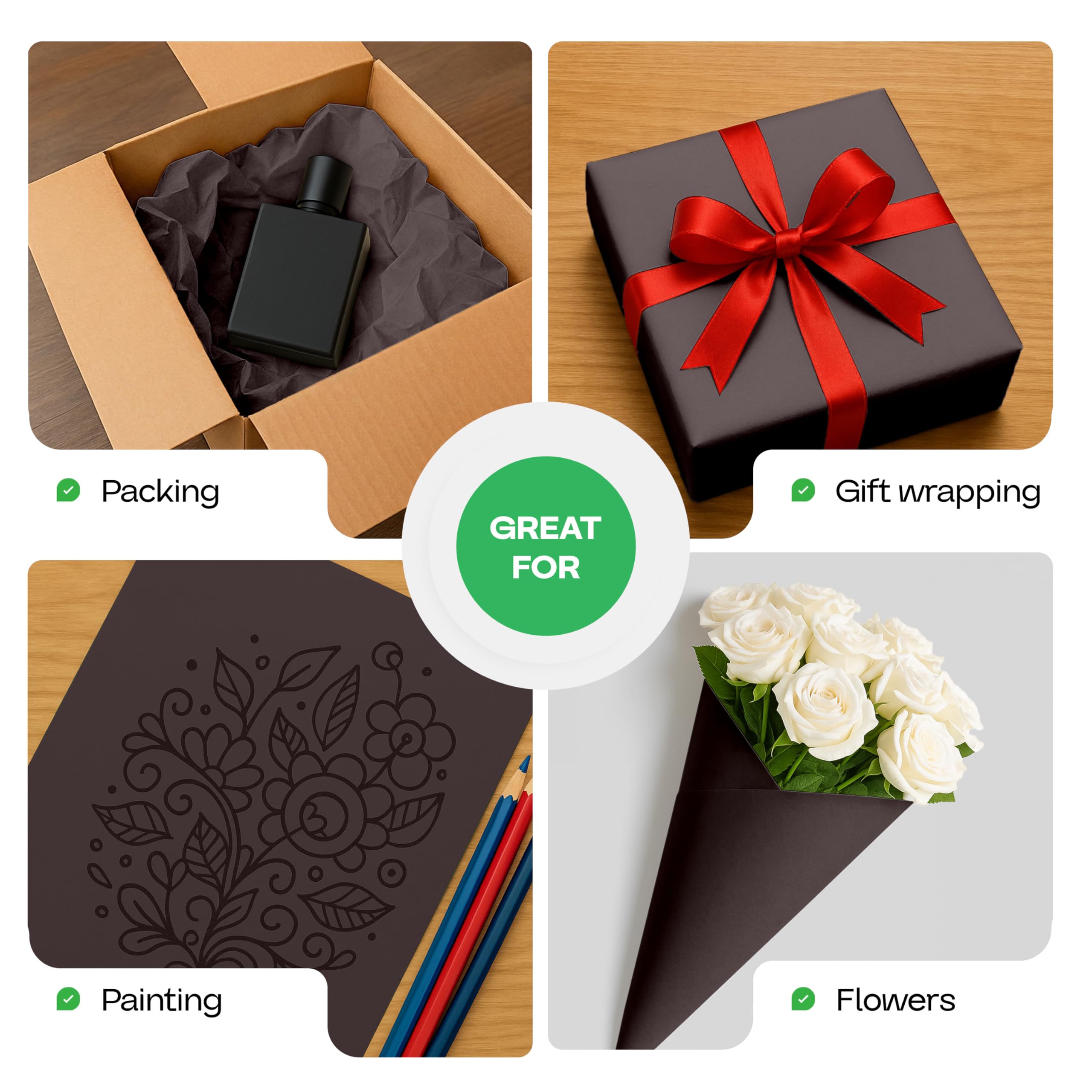 Schwarze Kraftpapierrollen, 91,4 x 5,486,4 cm, 2 Stück – in den USA hergestelltes schwarzes Papier, 22,7 kg Dicke für Verpackung, Versand, Handwerk/Kunst – 100 % recycelbares natürliches