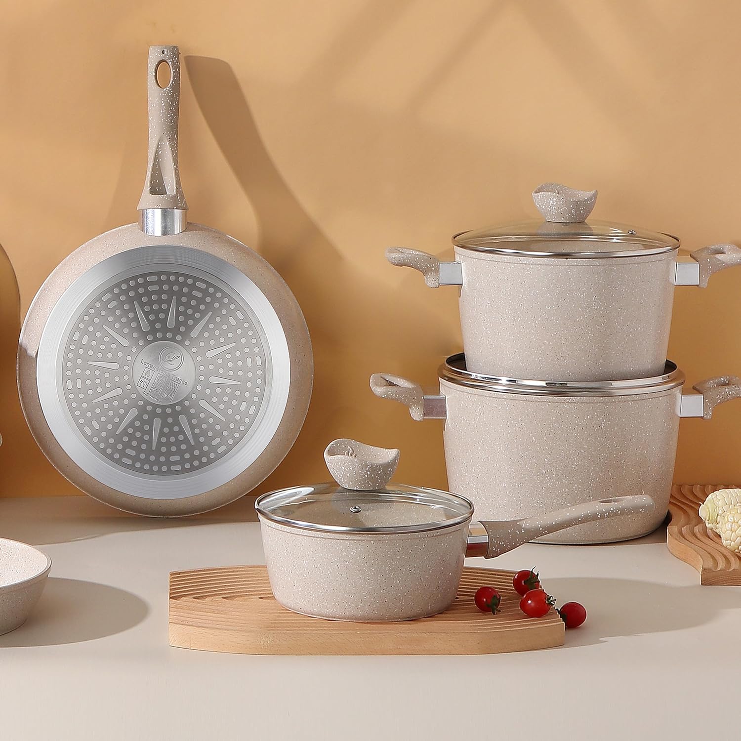 Lorren Home Trends Nonstick Cookware Set, Beige Speckled, 6-Piece with Glass Lids, 9.5 and 12 Inch Fry Pans, 6 Qt Stock Pot, 5 Qt Casserole, 1.6 Qt Sauce Pot, Dishwasher Safe