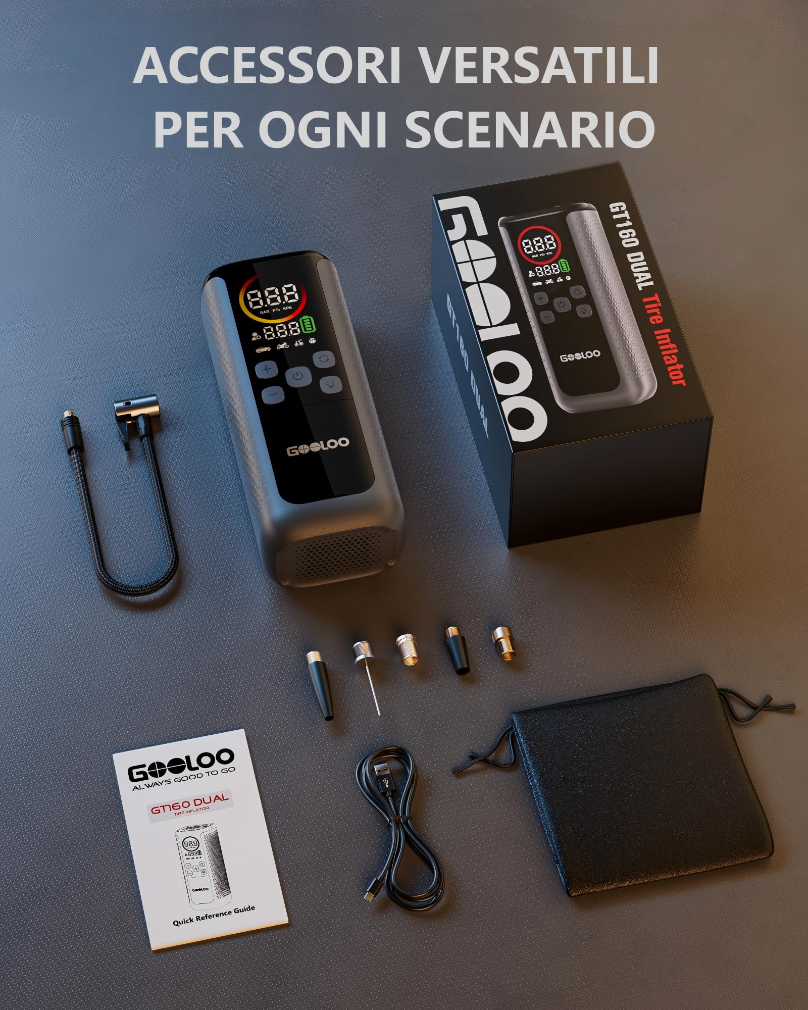 GOOLOO GT160 Dual Compressore Elettrico 160 PSI(11 Bar), Pompa 4x Veloce Doppio Cilindro con Display LED e Spegnimento Automatico per Auto, Bici, Palloni