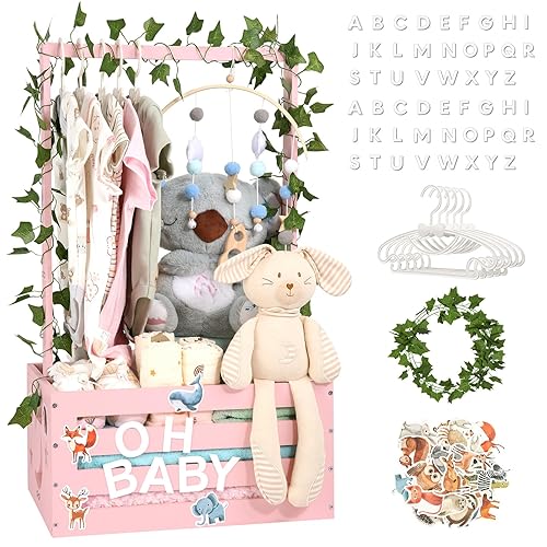 Miniatura 9 de Cesta de regalo para baby shower, caja de madera, letras de madera personalizadas y perchas para ropa recién nacido, regalos para bebés, niñas y
