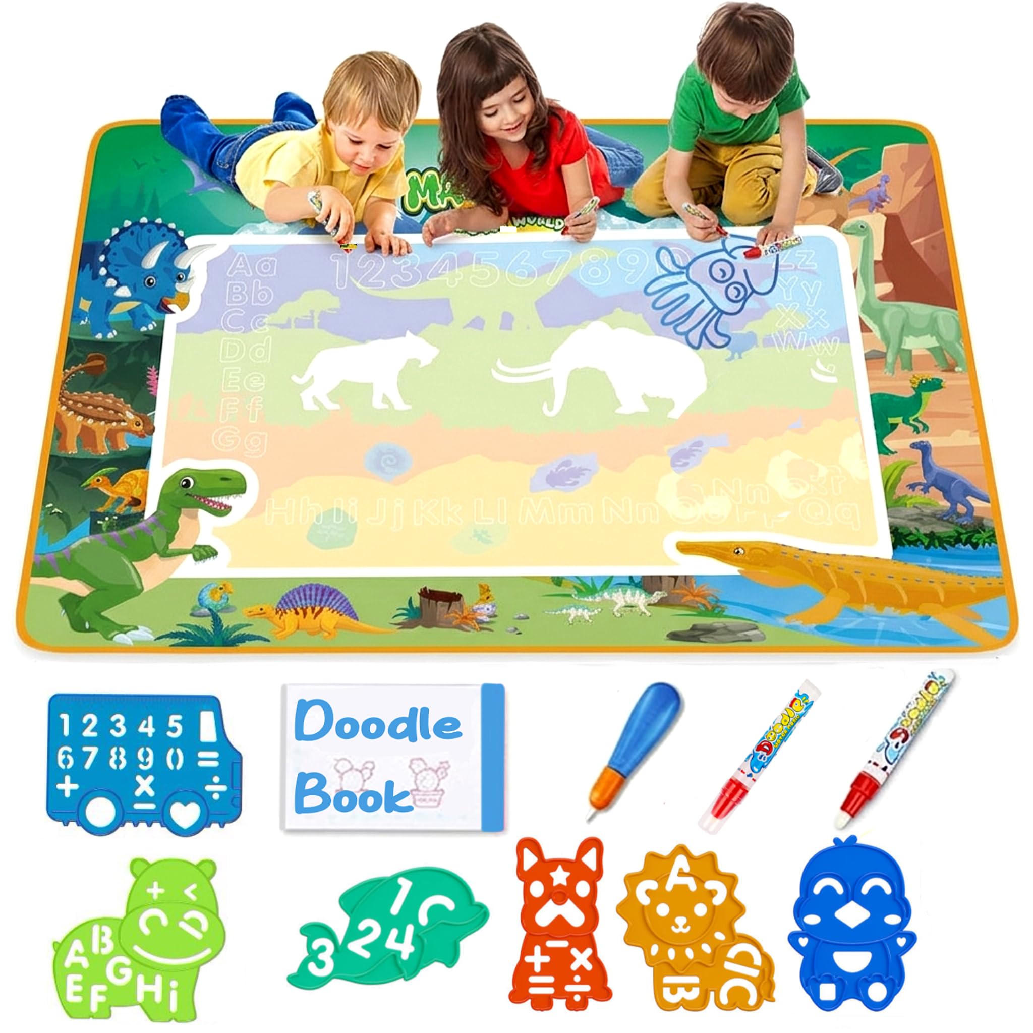 SNAPTRON 80 X 60cm Reusable Magic Water Dinosaur Drawing Mat| Big Doodle Mat for Kids| Drawing Mat, Water Doodle for Kids with 3 Magic Pen, Doodle Books & 6 Stencils| Gifts for Girls Boys Age 2 to 7