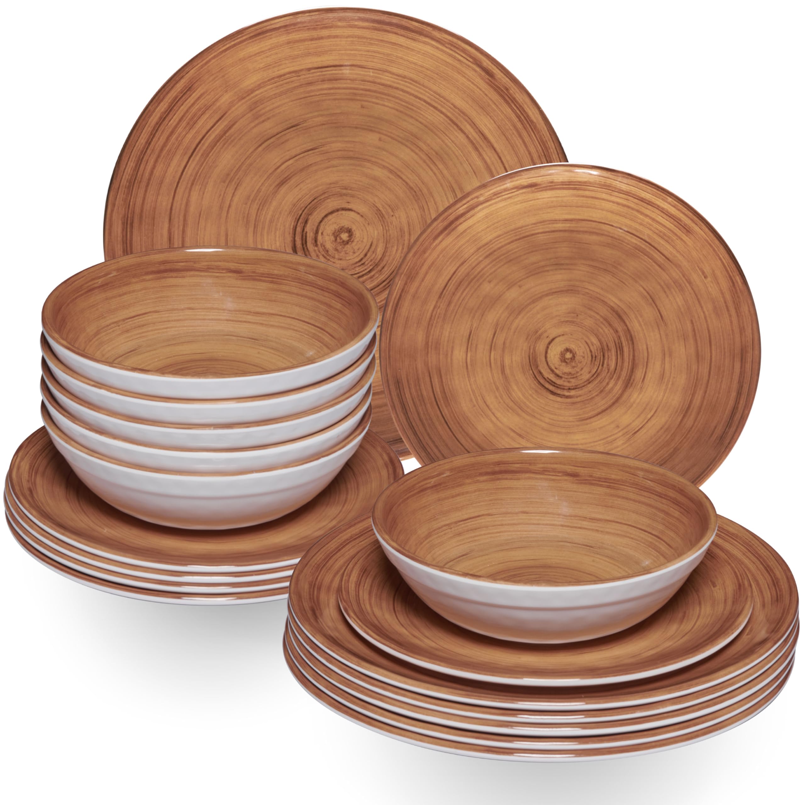 Vaisselle en mélamine marron pour 6 personnes - 18 pièces - Aspect bois - Passe au lave-vaisselle - Accessoires de camping - Caravane - Festival - Pique-nique - Fête de jardin