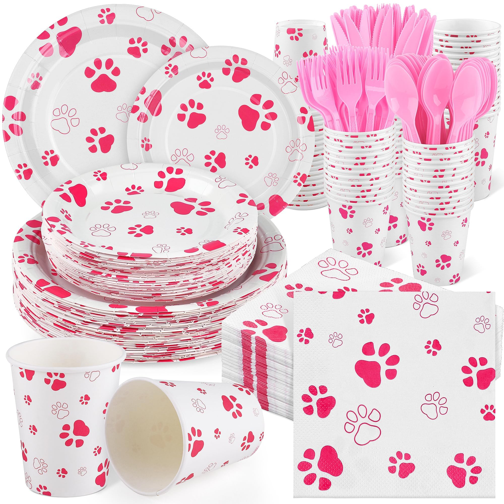 400 Pieces Pink Paw Disposable Party Tableware Sets Dog Puppy Supplies Including Plates Cups Napkins Cutlery Serves 50 for Birthday Puppy Theme Party Decorations