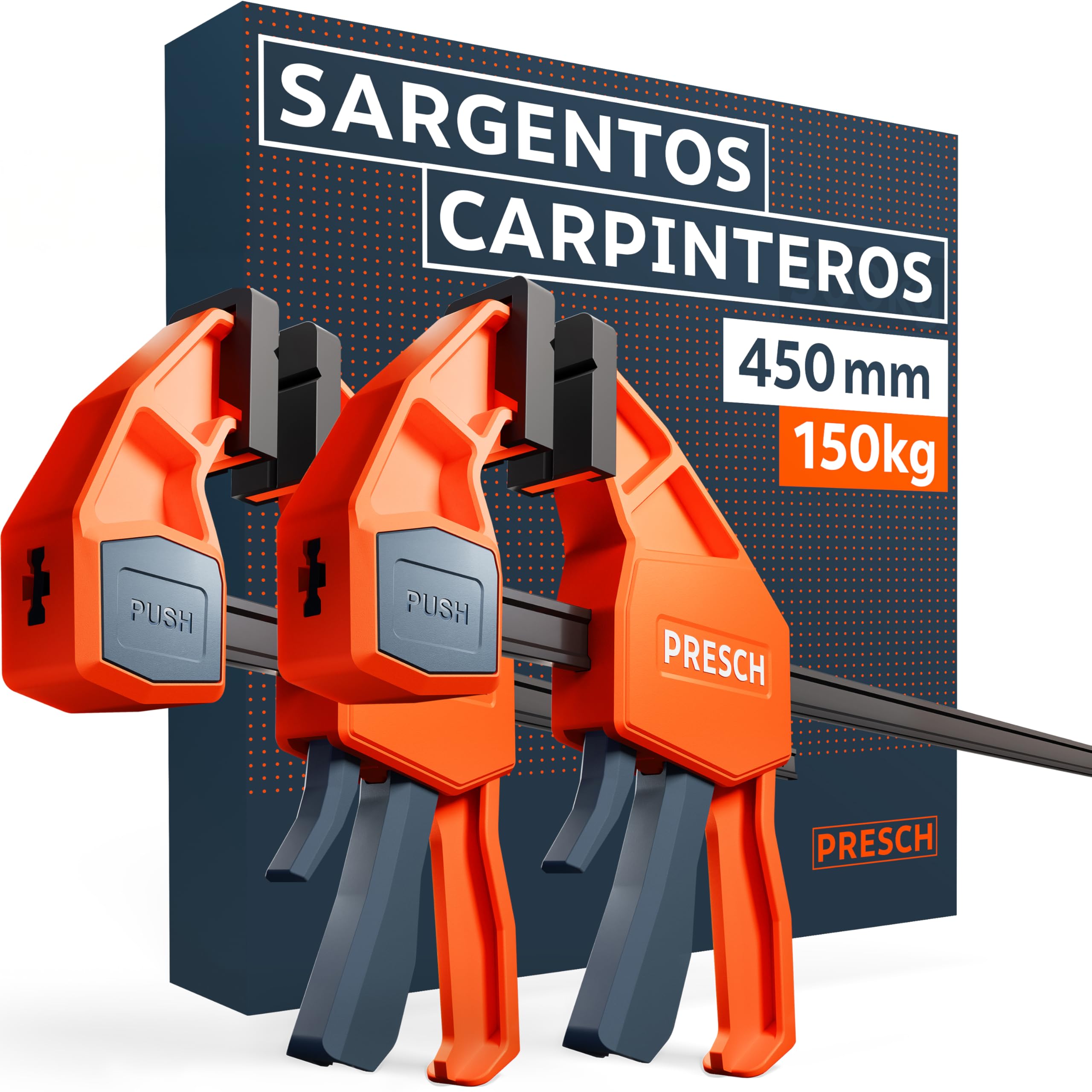Presch Sargentos Carpintero 450mm 2 uds - Sargentos de apriete con 150 kg fuerza de sujeción - Robusto gracias al acero al carbono y al cuerpo reforzado con fibra de vidrio - Con función de expansión