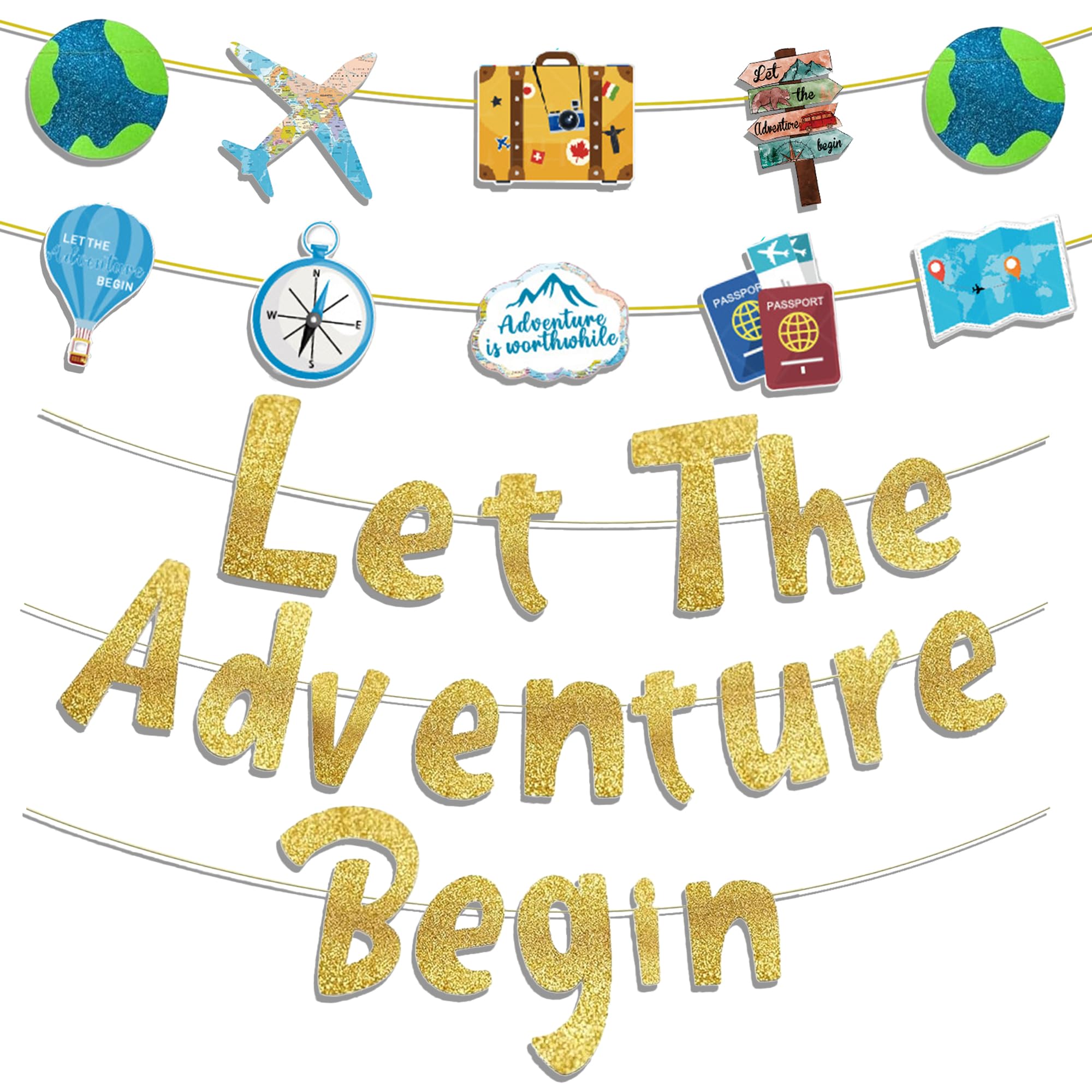 Bon Voyage Decorations Gold Banner - 11 Pcs Travel Themed Party Glitter Let The Adventure Begin Banner for Going Away Farewell Graduation Leaving Retirement Baby Shower Party Supplies
