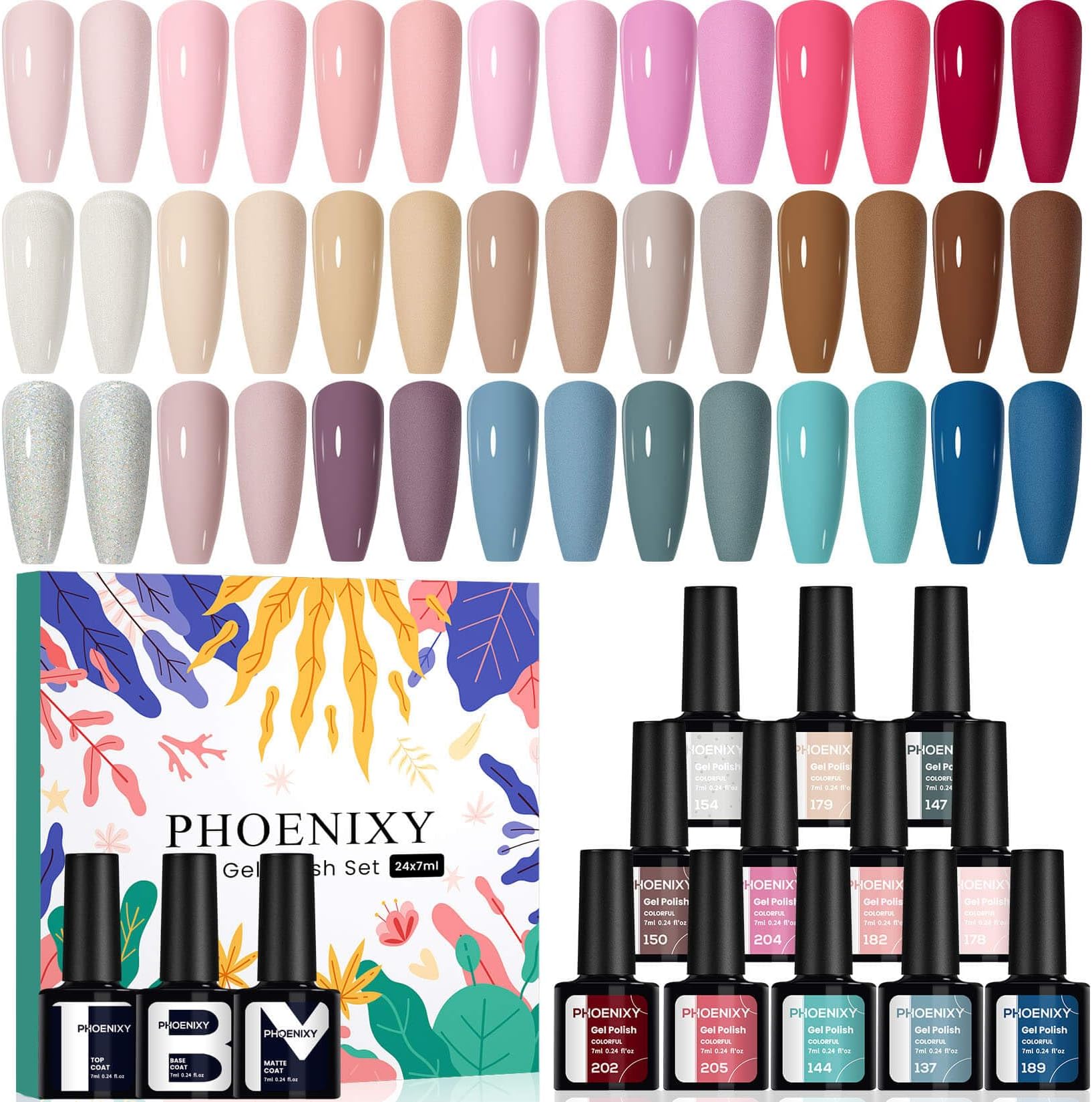 Gel Nail Polish, 24pcs Gel Polish Set Soak Off Nail Polish Starter Kit Nail Varnish Sets Base Top Matte Coat Manicure Kit Gifts for Women