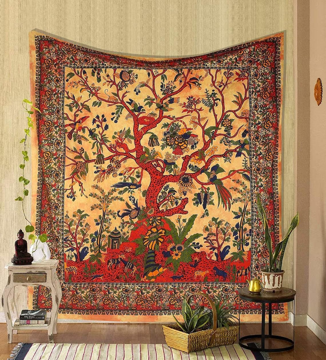 EARTHY THREADS Tapestry Yellow Tree of Life - Wall Hanging - Psychedelic Tapestries - Cotton Large - Bedspread Picnic Sheet - Wall Decor Tapestries - Wall Art - Hippie Bedroom Décor - Home Decor