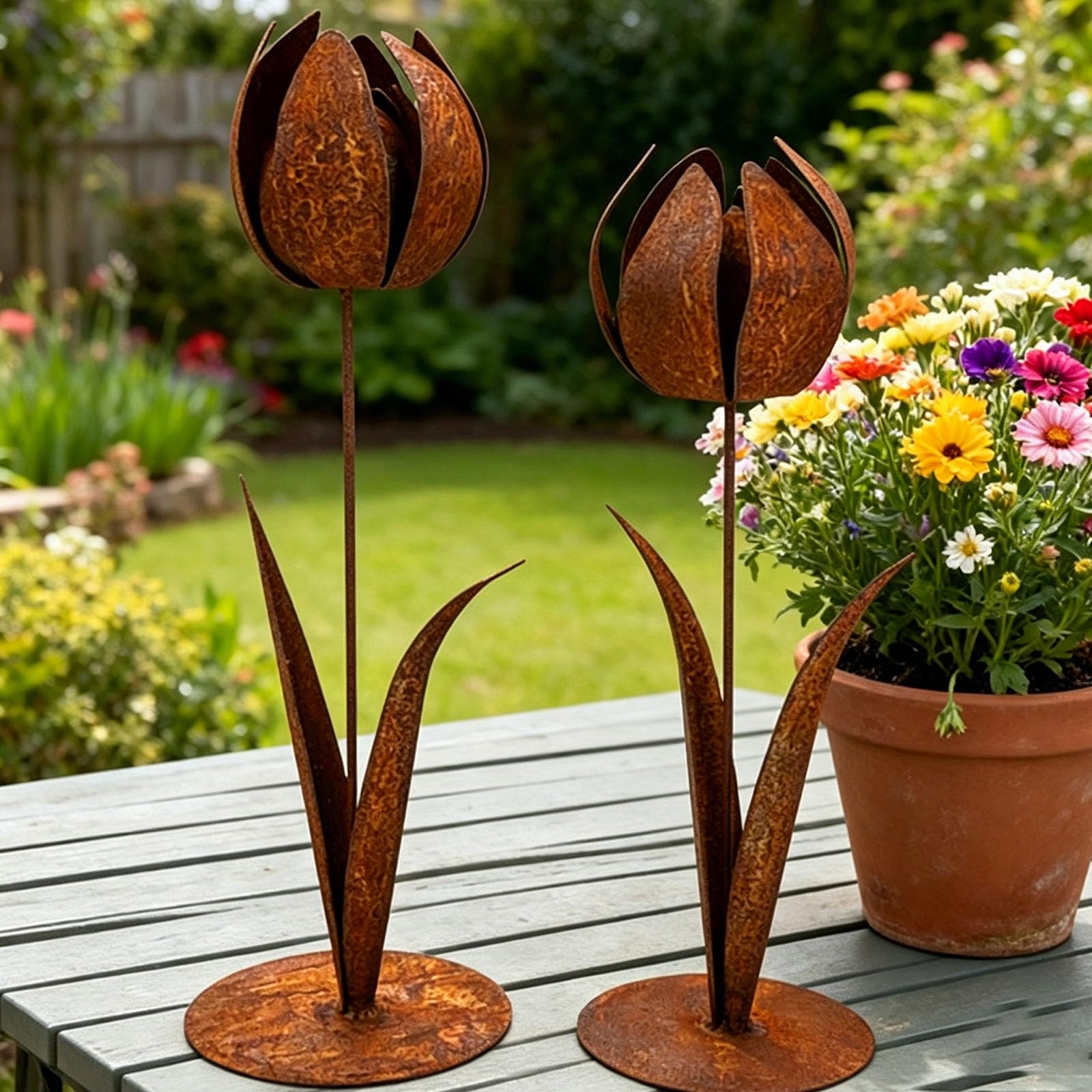 PANGBOER Retros Styles - Tulipanes de metal oxidado para patio, resistente a la intemperie, estaca decorativa a prueba de óxido, escultura de hierro