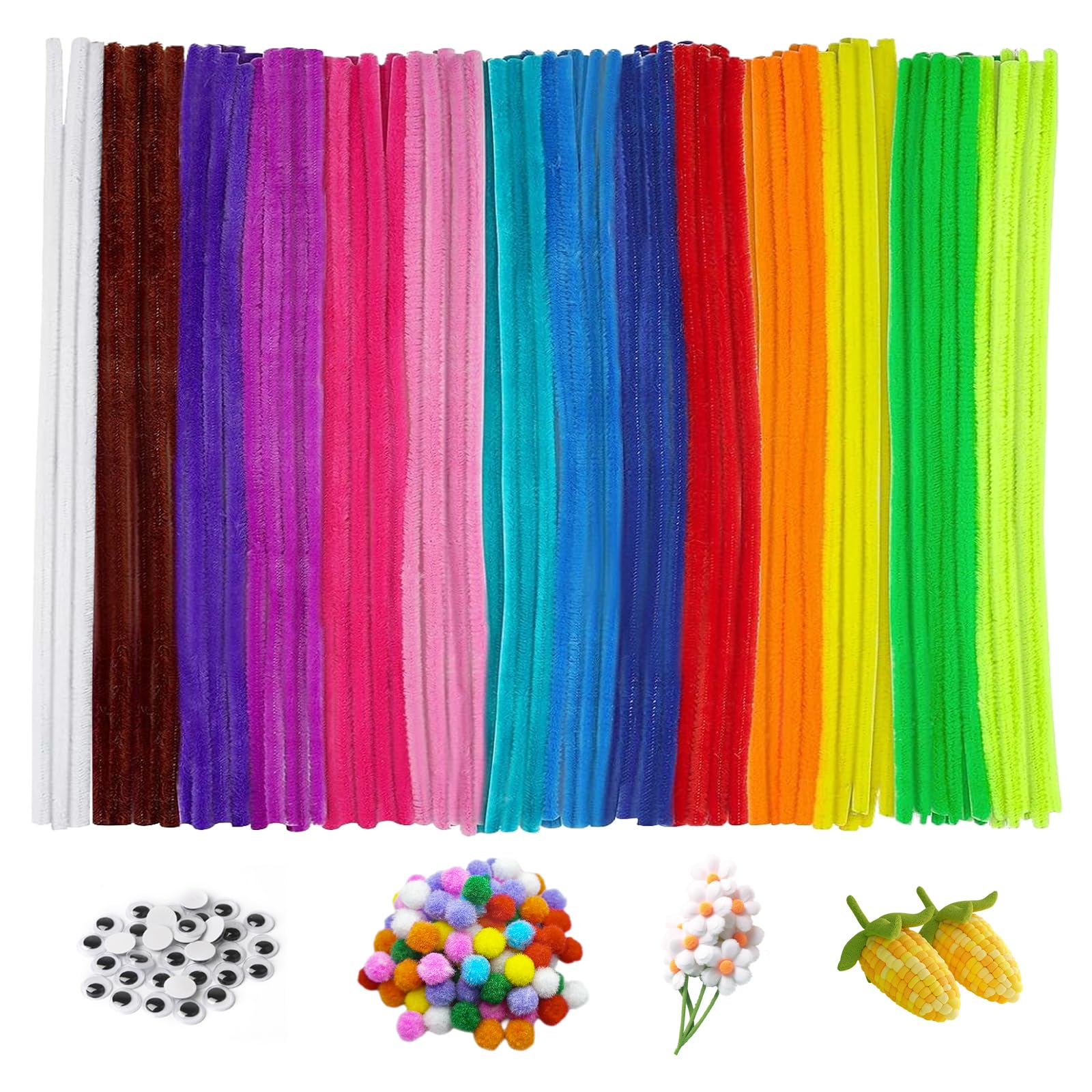 Astriva 600 PCS Pipe Cleaners for Craft Flowers, 400 Long Pipecleaners with 100 Movable Eyes & 100 Pompoms for Crafting, Colourful Pipe Cleaner Green Pink Yellow Red Blue Pastel Black