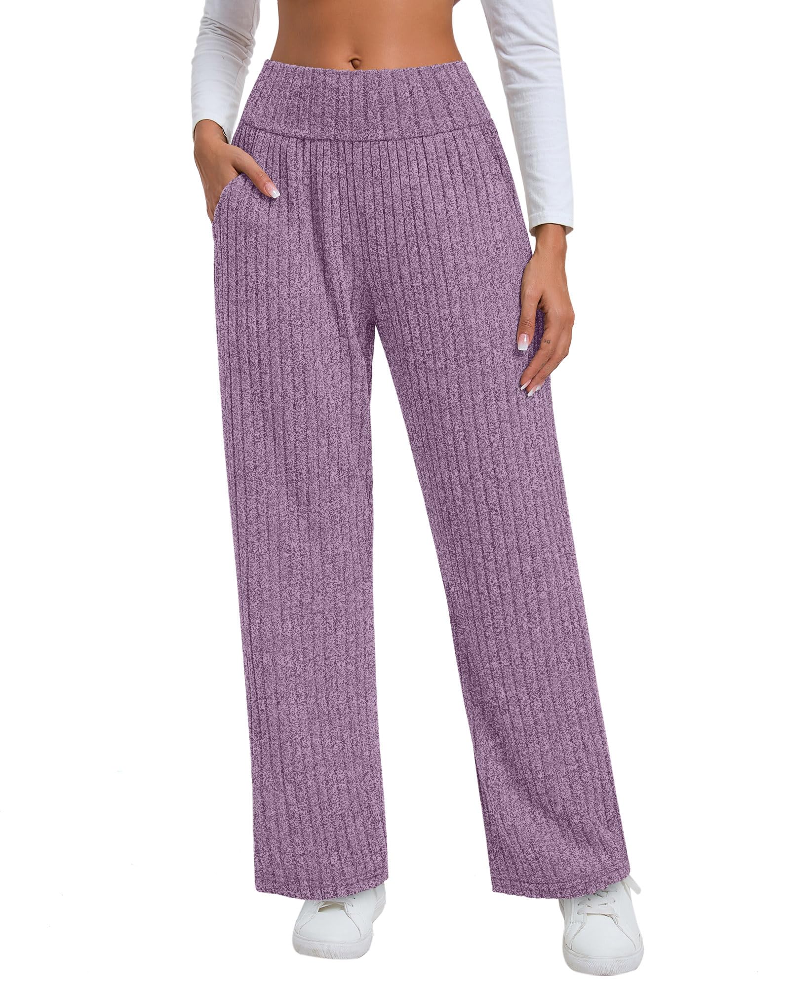 Neer Womens High Waist Wide Leg Lounge Pants Ribbed Knit Loose Trousers Flowy Comfy Thick Sweatpants with Pockets