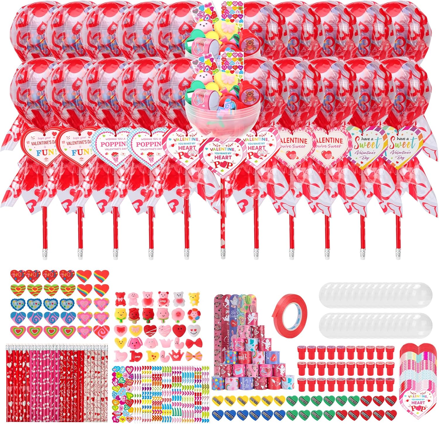 30 Pack Valentines Day Gifts Giant Lollipop Stationery Set Lollipop Return Gifts with Heart Cards Pencils Erasers Stamps Sharpeners Bracelets for Valentine Prizes Party Favors