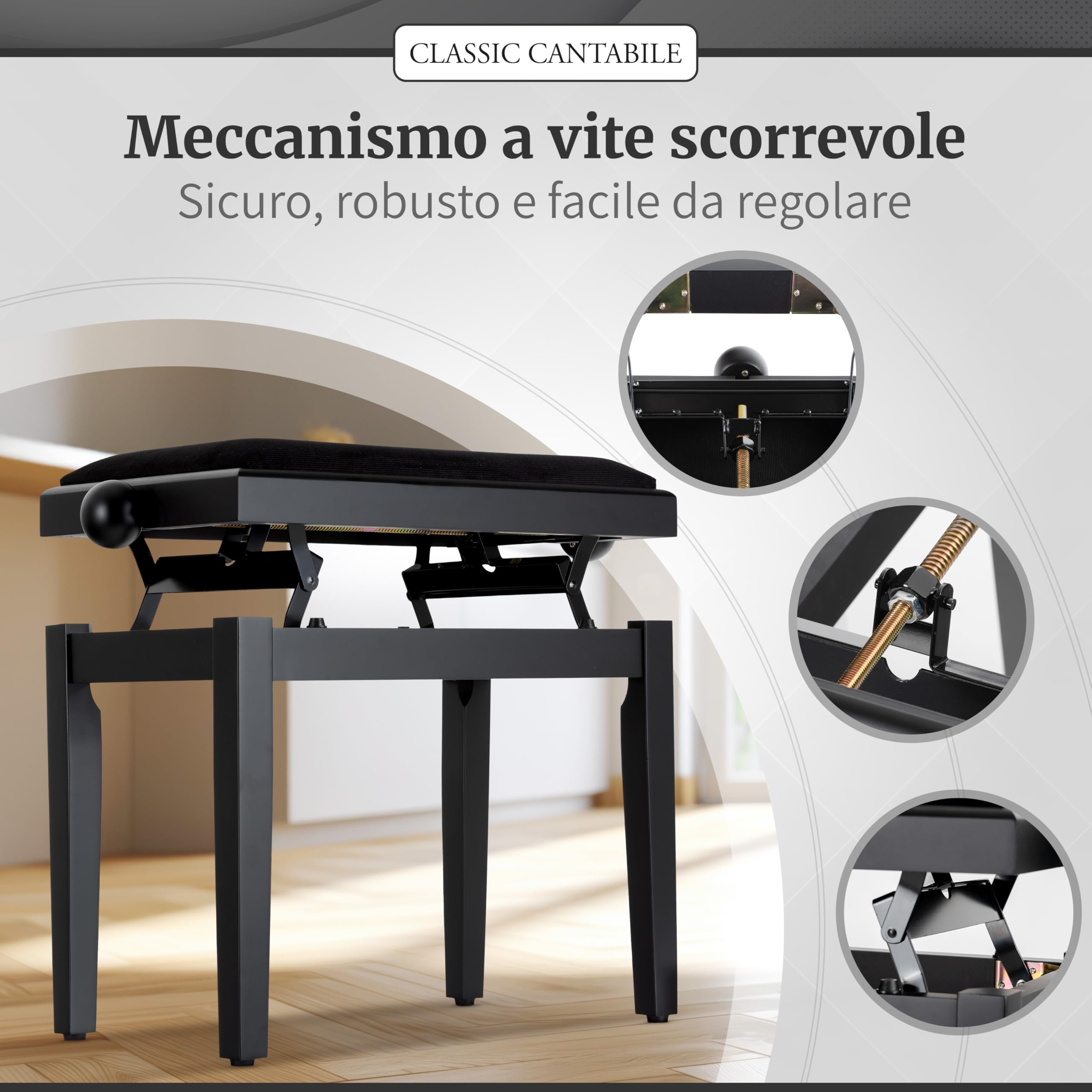 Classic Cantabile Panca per pianoforte nero opaco - Altezza regolabile da 47 a 56 cm - Sgabello con meccanismo a fuso - Seduta panchetta 55 x 32 cm - Sedia con rivestimento in velluto, stabile