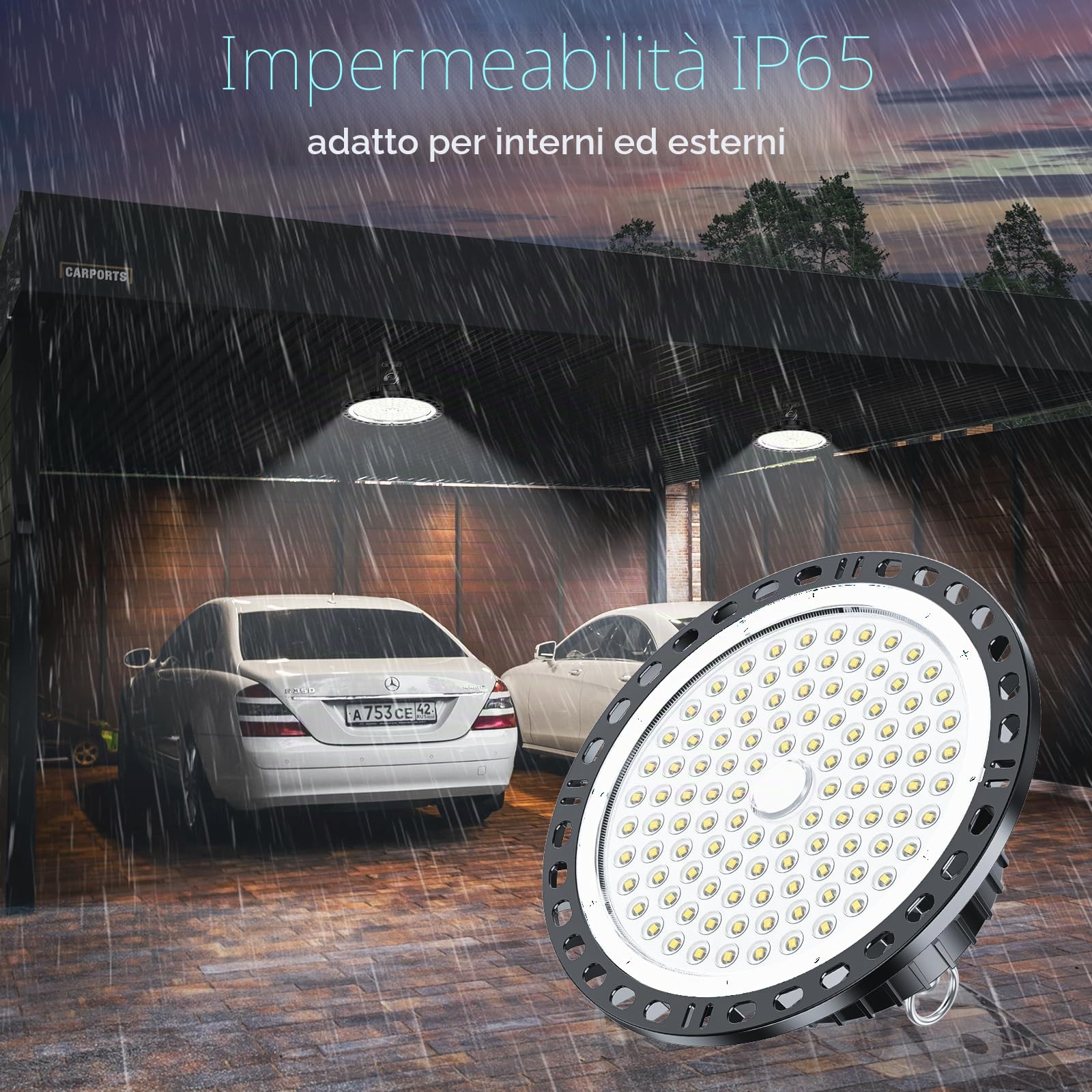 100W Faretto LED UFO Interno 4 Pezzi, Lampada LED per Capannone 10000LM con Catena Metallica da 30CM, Driver, 6500K IP65 Plafoniera LED Garage Industrial per Campana Officina Sofftto