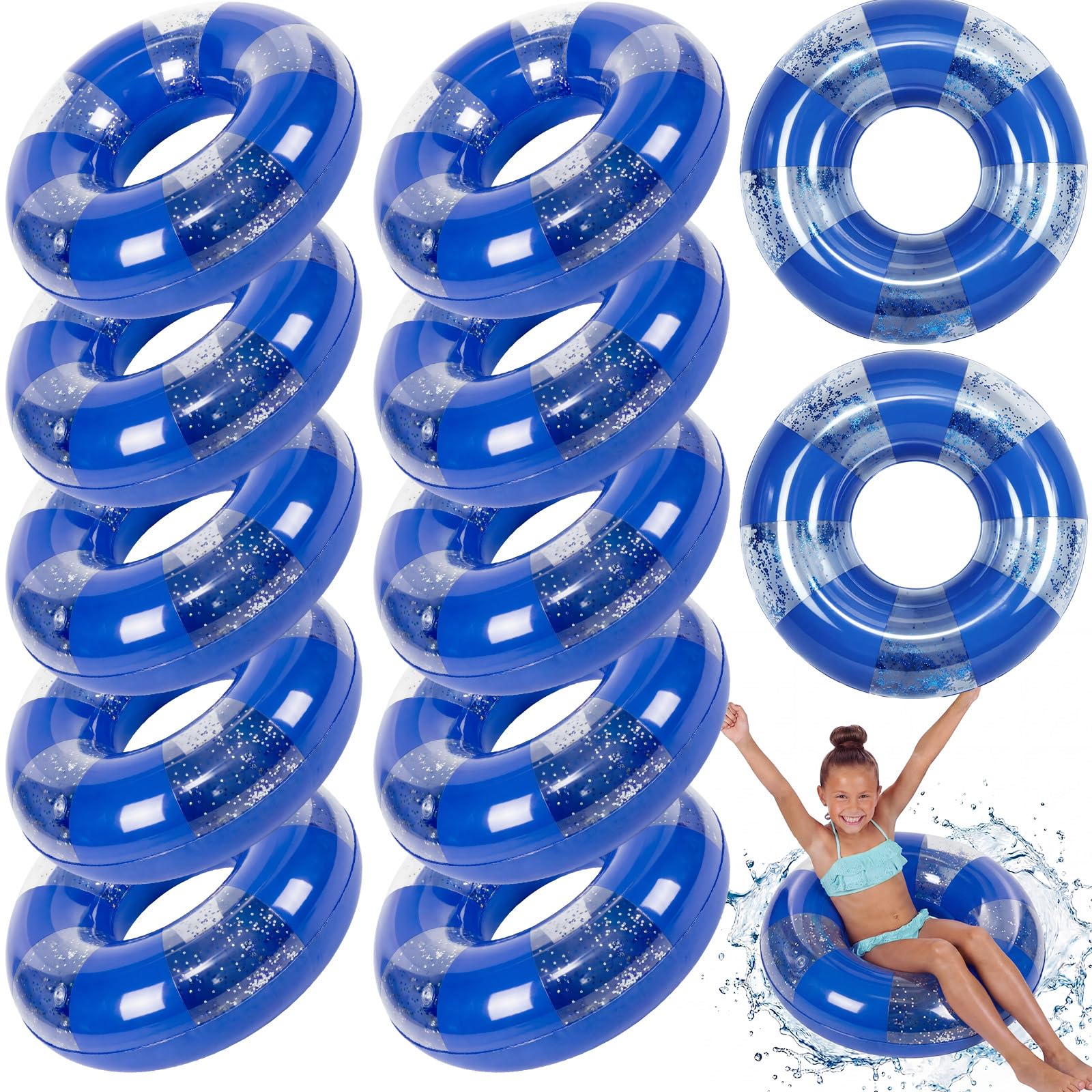 Photo 1 of Simgoing 12 Pack Inflatable Pool Floats - 24 Inch Glitter Swim Rings (Blue)