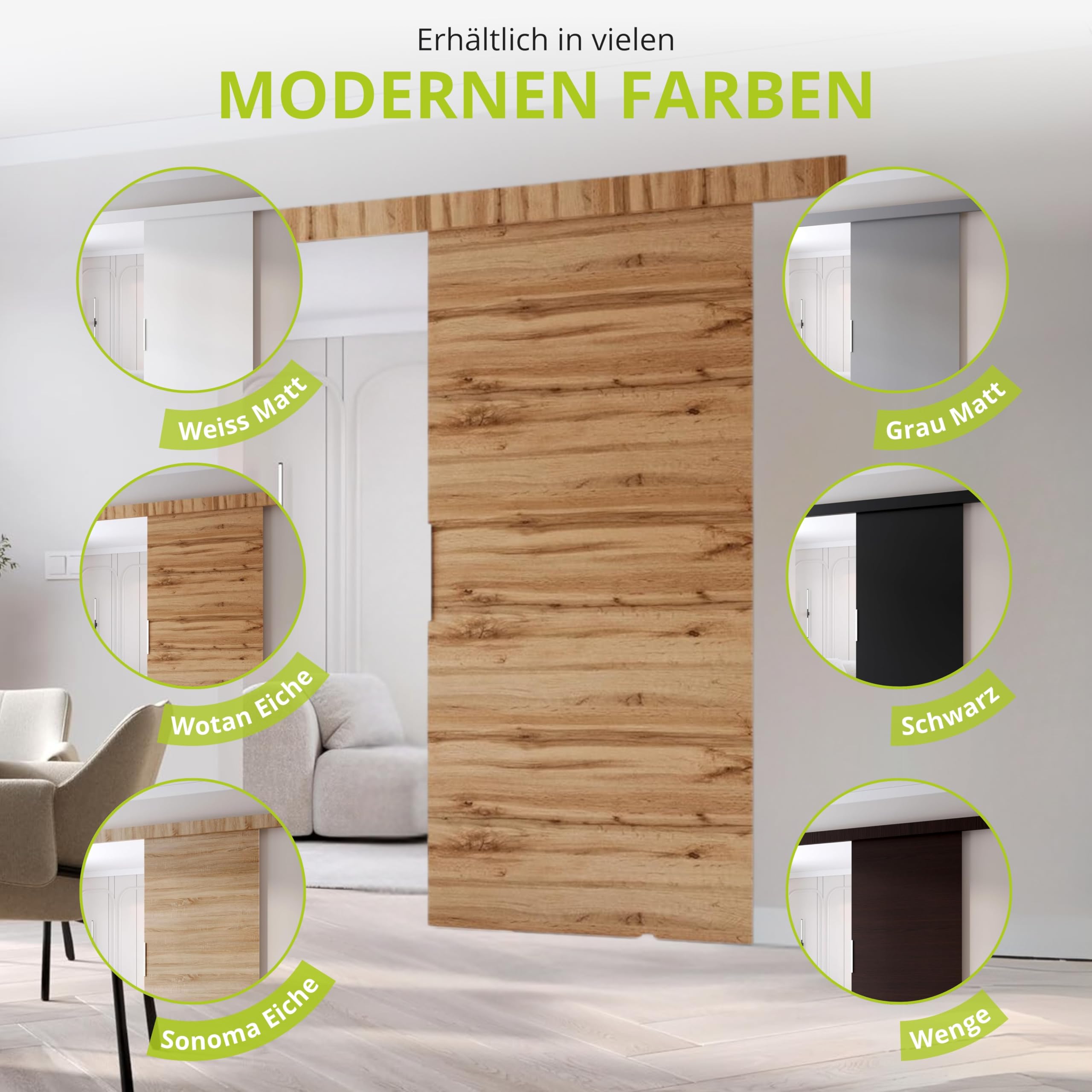 MINIO go for it - Schiebetür Komplettset CLEAN A Schiebetüren 106 cm Breit | Wandmontage, Schiebetürsystem, Zimmertüren - Wotan Eiche / Schwarz