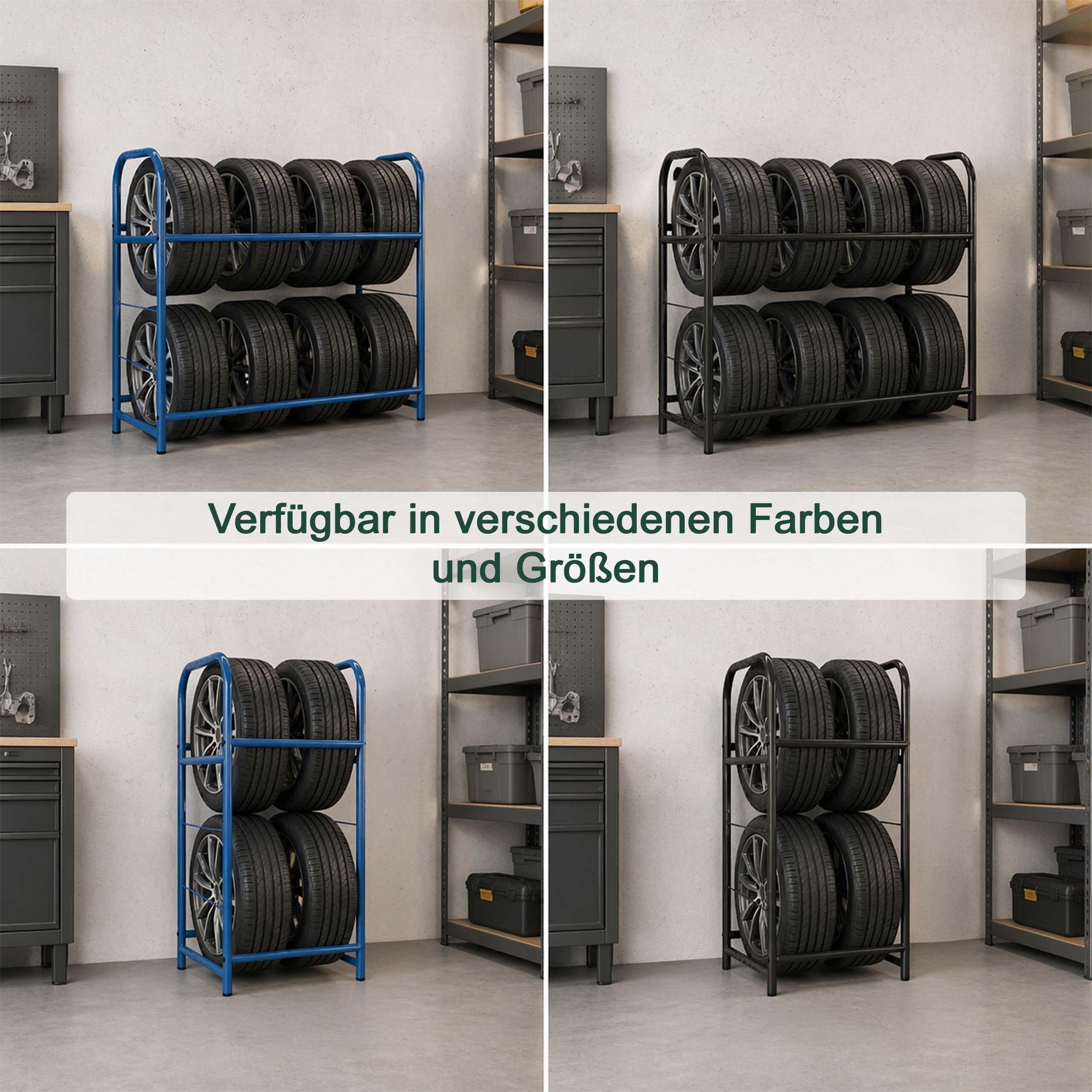 Relaxdays Reifenregal für 4 Reifen, HxBxT: 106 x 53 x 46 cm, 200 kg, Stahl, 2 Ebenen, Räderregal, Reifenlager, schwarz