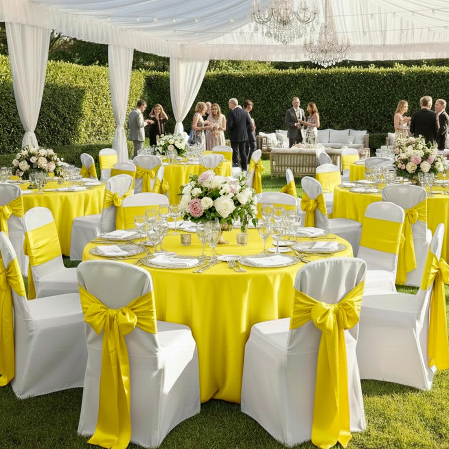 50 PCS Yellow Satin Chair Sashes Bows Universal Chair Ribbon Ties Back Sash for Wedding Party Banquets Event Chair Cover Decoration(Yellow, 7x108 inch)