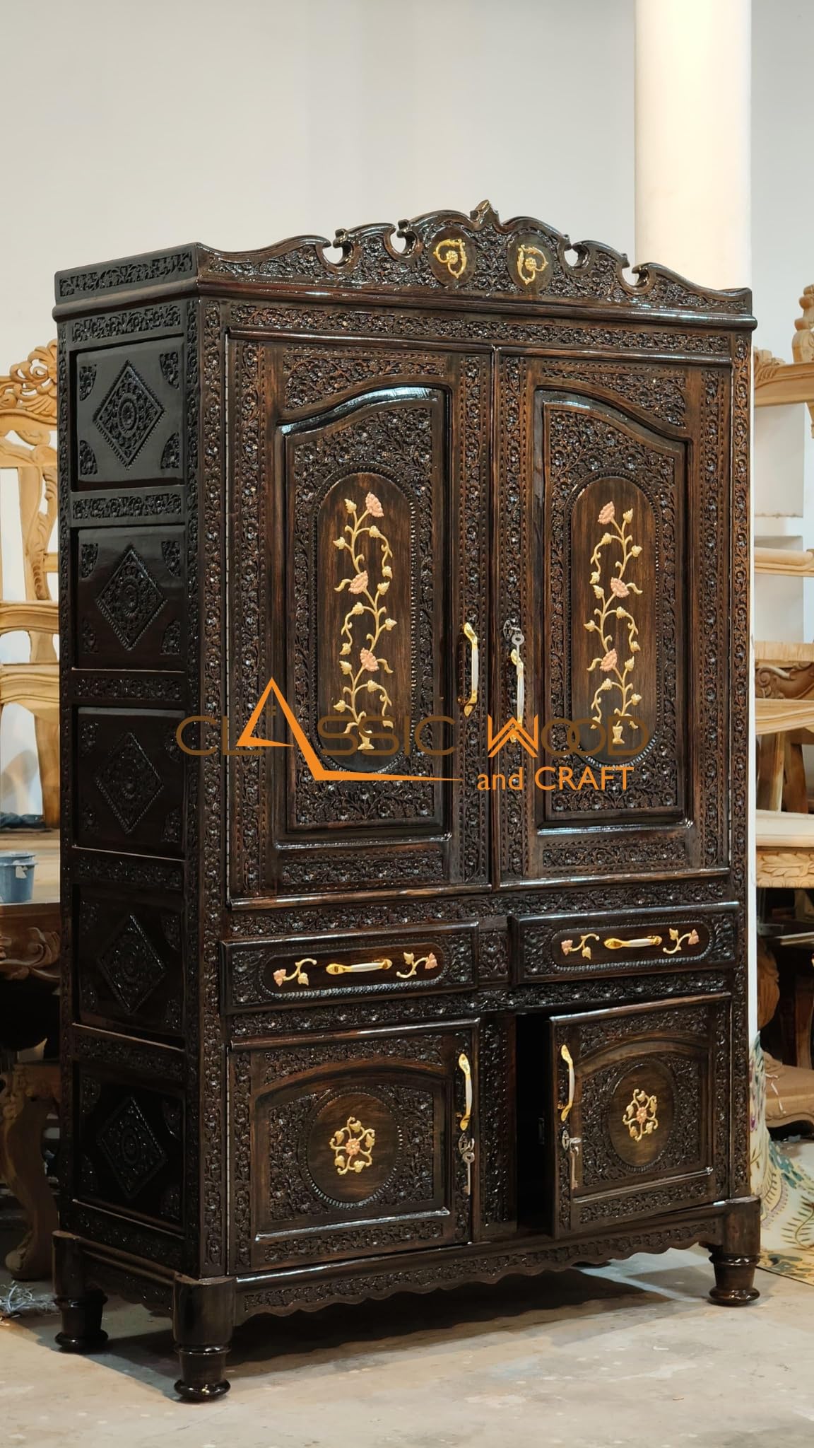 CLASSIC WOOD & CRAFT Luxury Hand-Carved Wooden Wardrobe | Solid Teak Wood Almirah with Brass Inlay Floral Design | Antique Style Storage Cabinet with Drawers & Doors | Royal Bedroom Furniture-image-6