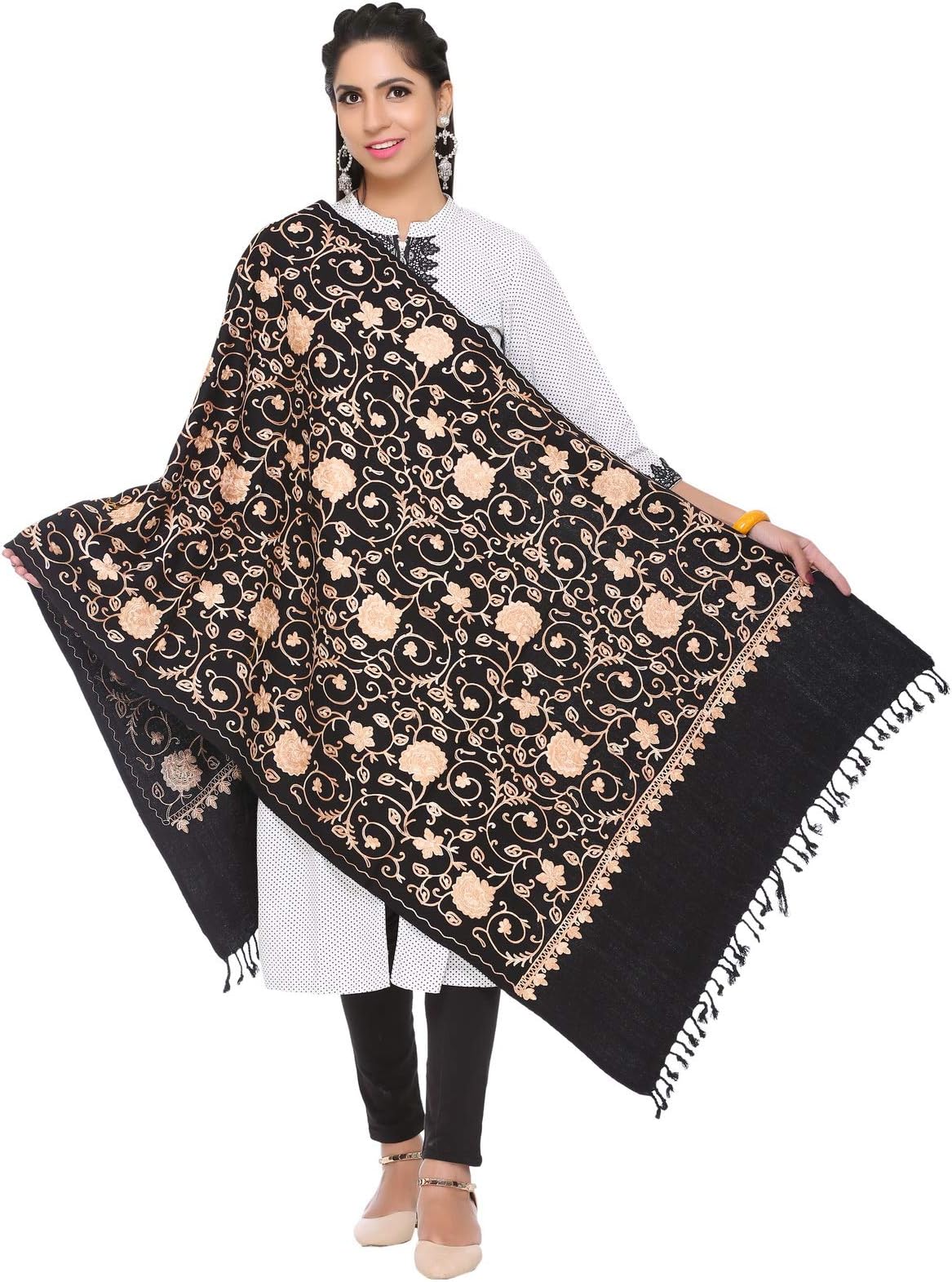 The MadhuSudan Gallery Women's Kashmiri Woolen Embroidered Shawl (Black)