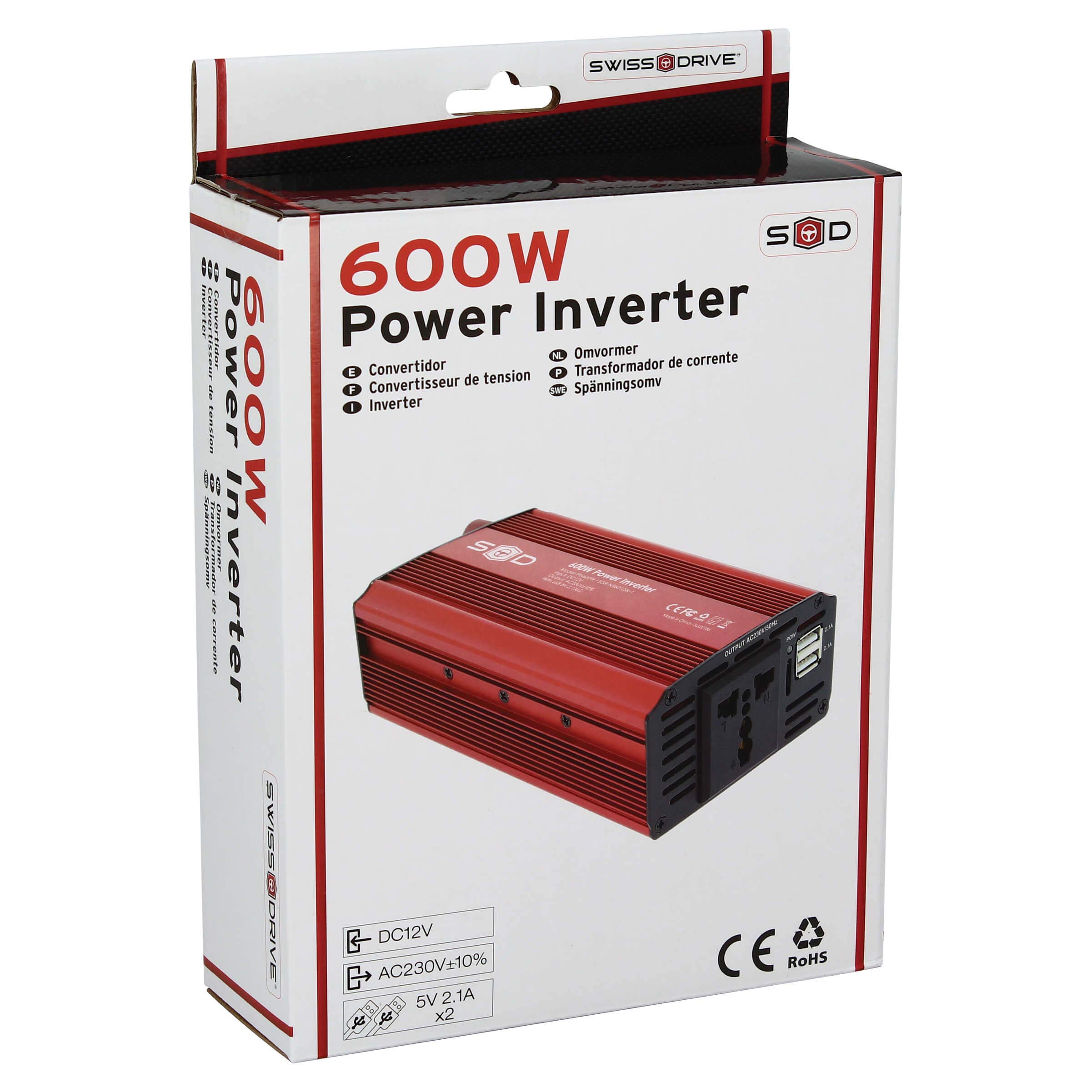 S SUMEX PIN600W Convertidor Inversor Coche 600W / 1200W, Corriente DC 12V 230V con 2 Puertos USB 5V 2.1 A. Onda Pura, Toma AC para Portatil, Movil, TV, Tablet