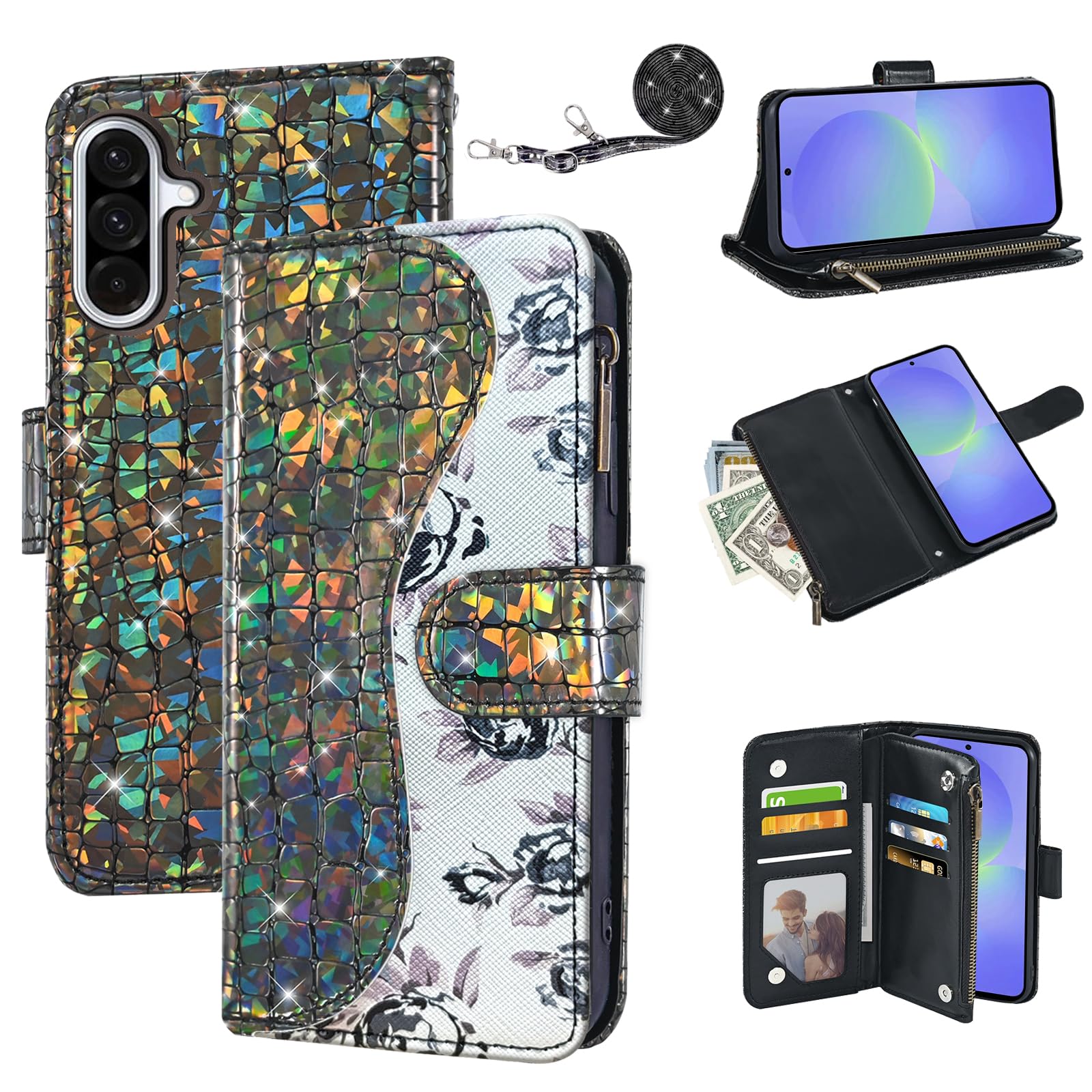 Dibosom Floral Wallet Case for Samsung Galaxy S25 5G with Wrist Strap Shoulder Strap Flip Zipper Purse Card Holder,Luxury PU Leather Stand Sparkly