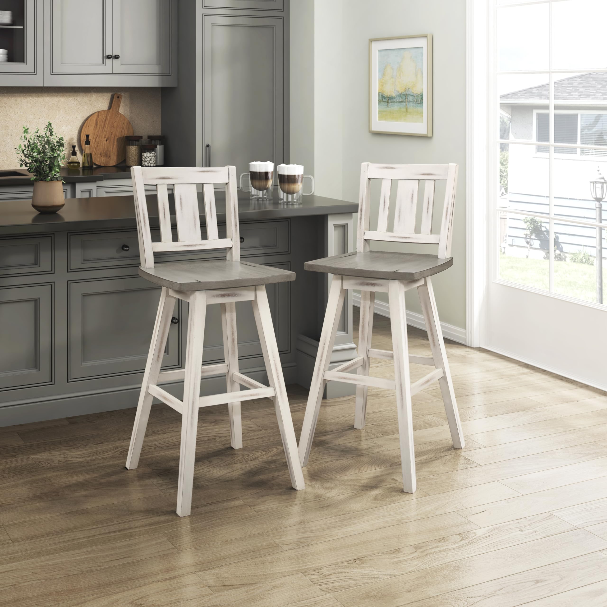 Swivel Pub Bar Height Stools Set of 2, Modern Solid Wood Kitchen Bar Height Stools with Backs, High Back, Swivel Seat, Footrest for Kitchen Island, Easy Assembly, Vertical Slat Back, 29