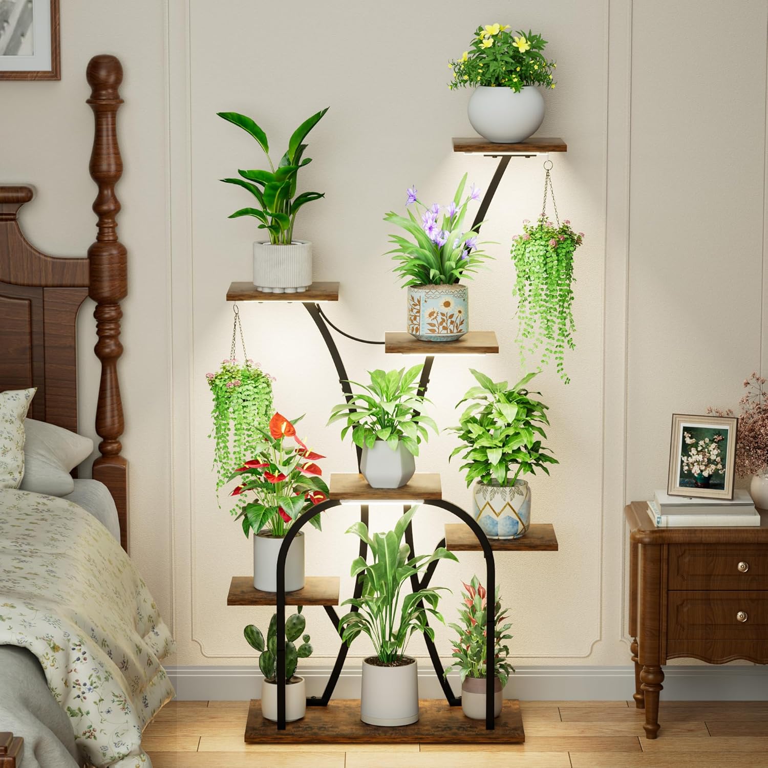Plant Stand Indoor with Grow Lights, 7 Tiered Plant Shelf Indoor, 50'' Corner Plant Stands for Indoor Plants, Metal Plant Display Shelves Lighted Flower Holder, Plant Rack for Living Room, Black