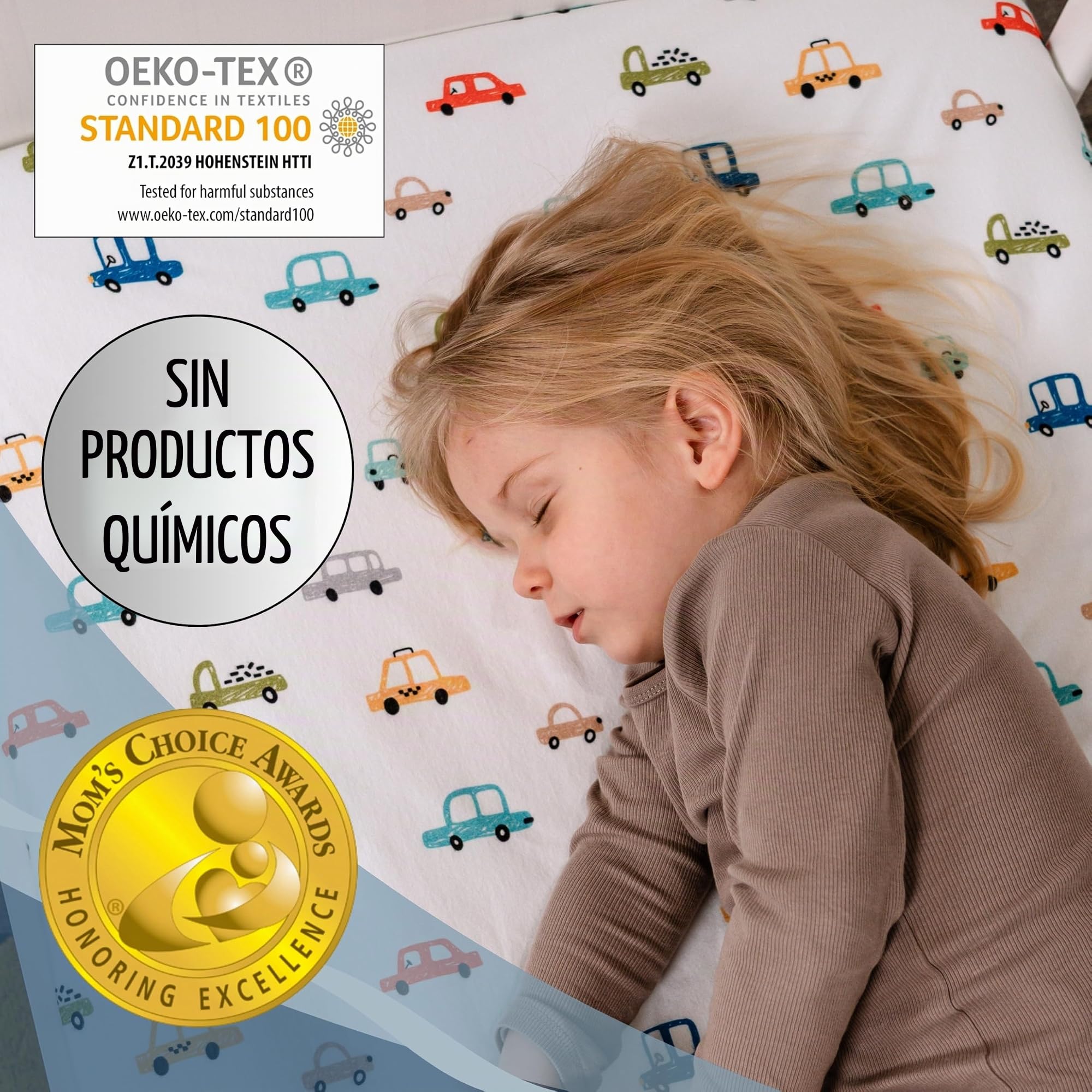 Bisoo Sabana Magica 80x160 Letras + Coches. Bajera Impermeable para Cama | Sabana y Protector en una Pieza, Ahorro, Impermeable, Transpirable, Silenciosa, Algodon Jersey Oeko-Tex