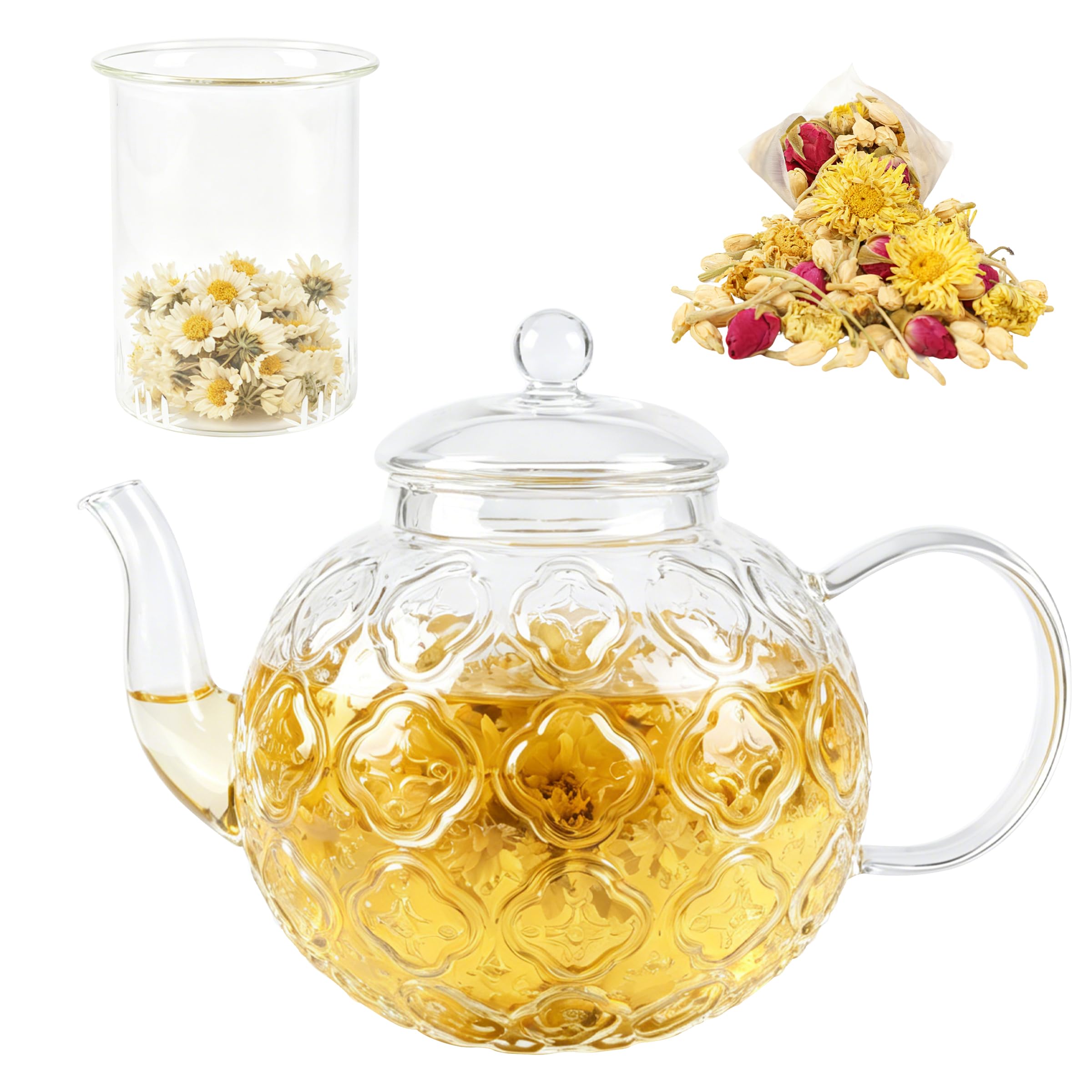 Glass Teapot with Infuser, Clear Tea Pots, 1500ml/.50 Oz Infuser Teapot