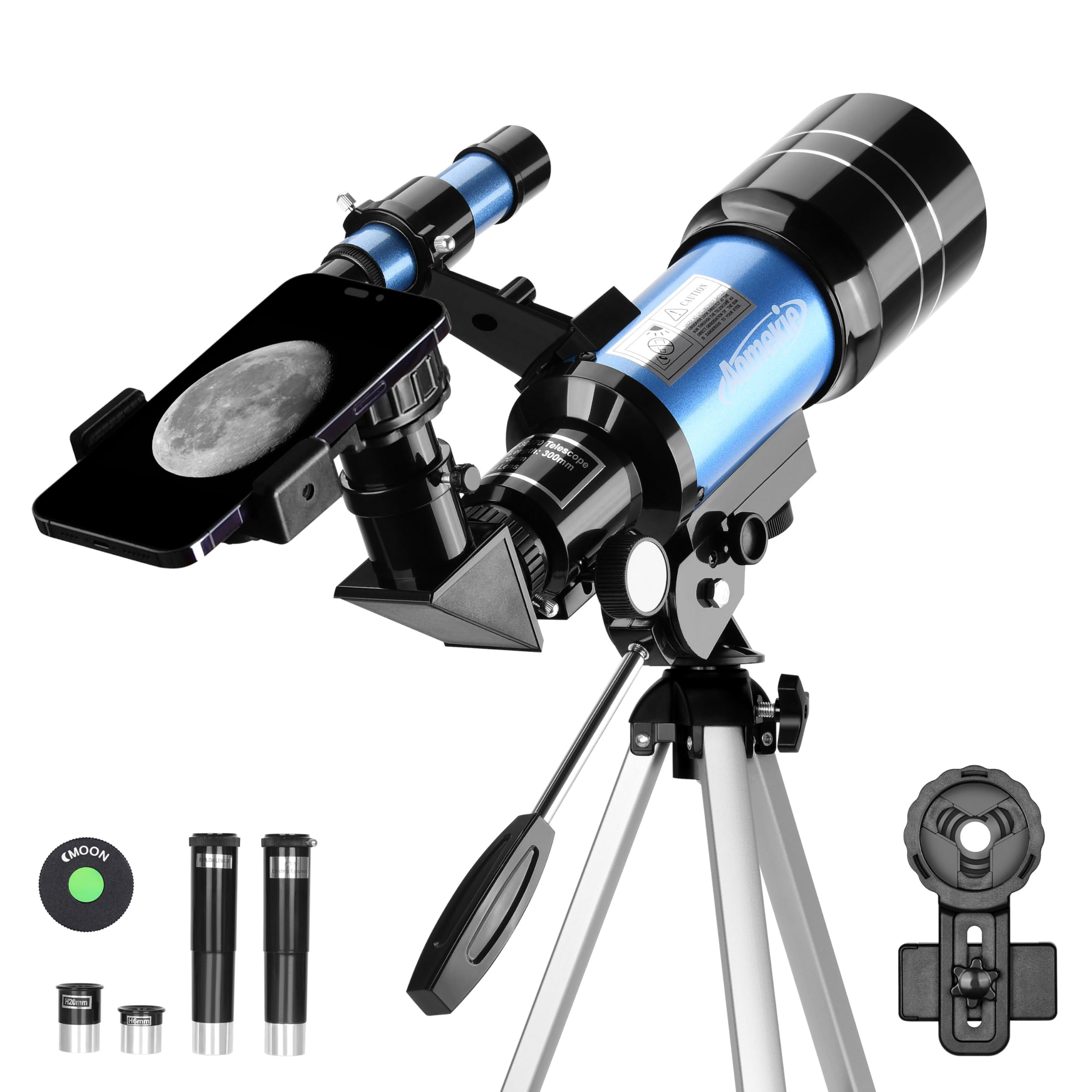 Aomekie 30070 Télescope Enfant 150X Lunette Astronomique avec Adaptateur Smartphone Trépied Lentille Barlow Chercheur