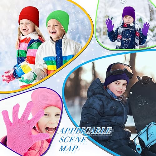 Miniatura 3 de Xtinmee 100 piezas de gorro y guantes de invierno para niños, gorro de punto cálido elástico, guantes de dedos completos, unisex, para clima frío
