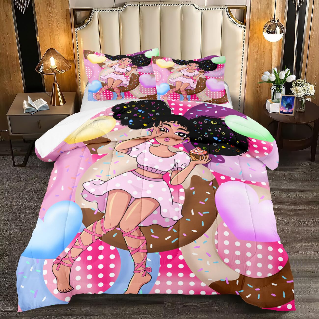 FJKJHKGJ African Black Girl Comforter Set Princess Bedding Kids Comforter Sets Gifts Girls Bedroom Decor Pink Full Size Quilt Sets with 2 Pillowcases