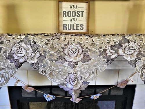 Miniatura 3 de Camino de chimenea con rosas de corte gris plateado en material hecho a mano, tamaño 84 x 27 pulgadas