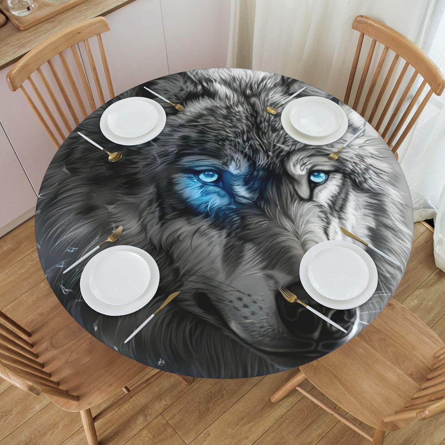 Blue Eyes Wolf Print Outdoor Patio Kitchen Decor Supplies Wipeable Round Table Cloth for Indoor Outdoor
