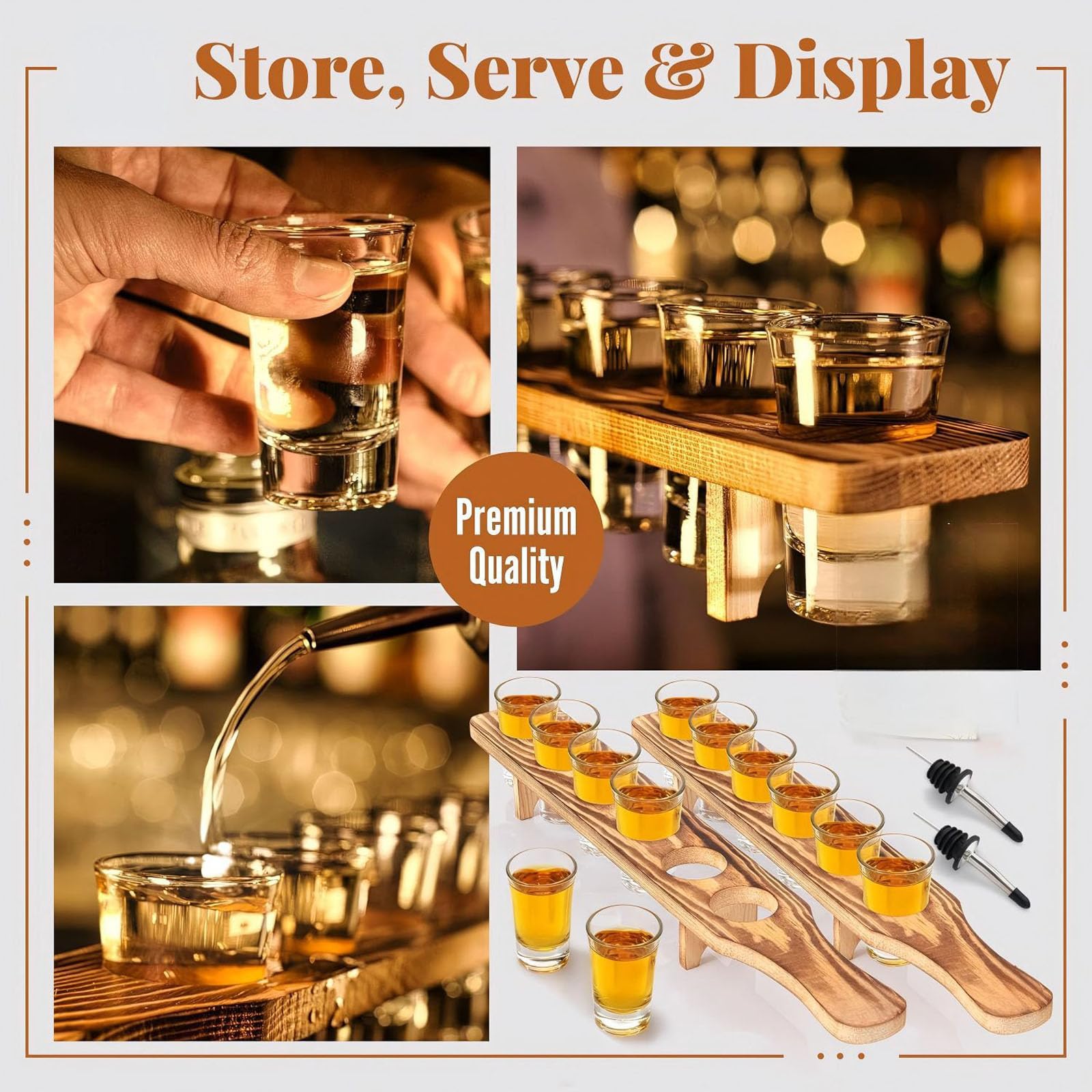 Tasses à Liqueur en Verre épais de qualité supérieure et Plateau de Service en Bois, Collection complète d ' Accessoires pour Boire, gobelets à Liqueur en Verre trempé 12 pièces