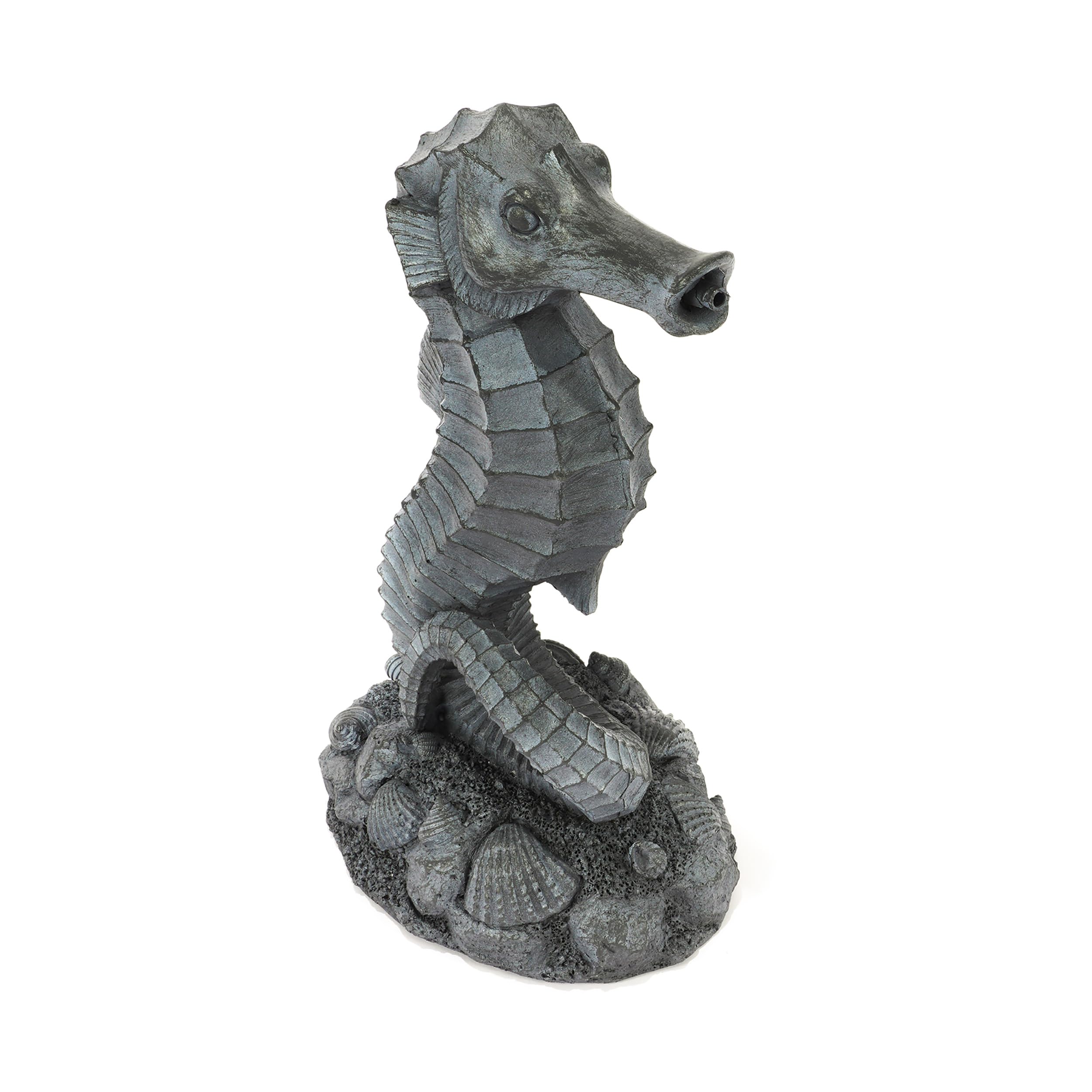 Esotec Wasserspeier Seepferdchen Ida, Brunnenfigur für Teich & Garten aus Polyresin, Gartenfigur im Steindesign mit 2X 2m Schlauch, 17x12,5x30cm 100771