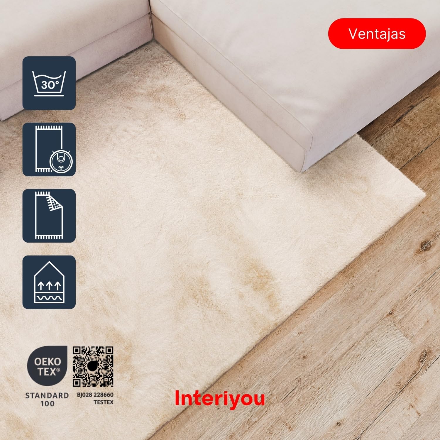 Interiyou Alfombra Salon Pelo Corto Fargo - 160x230 cm Beige - Felpa sintética esponjosa - Lavable y Antideslizante - Textura Suave Corta