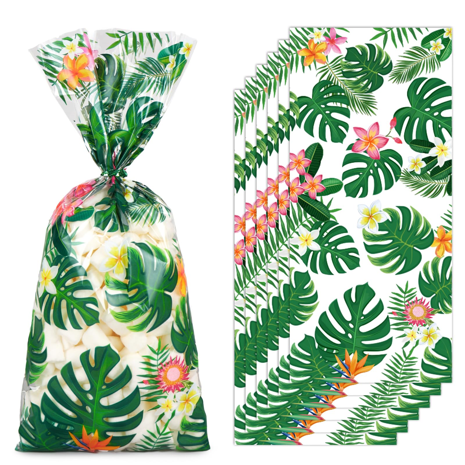 JarThenaAMCS 100Pcs Hawaiian Luau Cellophane Bags with 100 Green Twist Ties Summer Tropical Aloha Themed Palm Leaves Treat Bag Plastic Candy Goodie