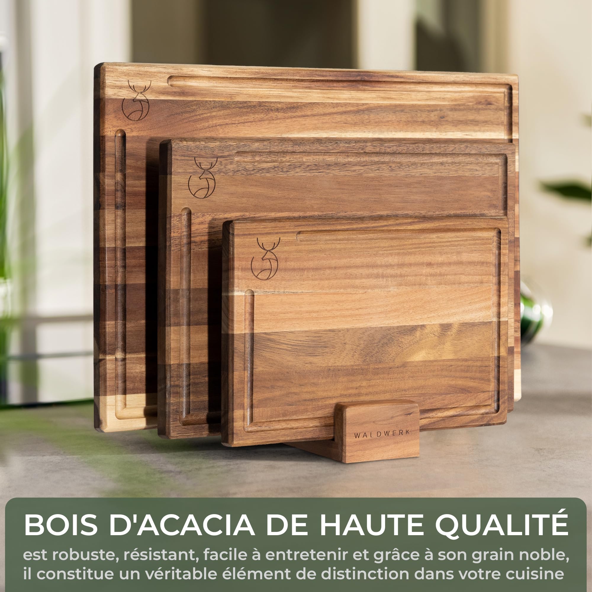 WALDWERK 3 Planches à Découper (40x30 / 33x24 / 26x18cm) en Acacia Massif - Plances à Découper en Bois - Planches de Bois de 2cm d’Épaisseur - Planches à Découper avec Design Élégant