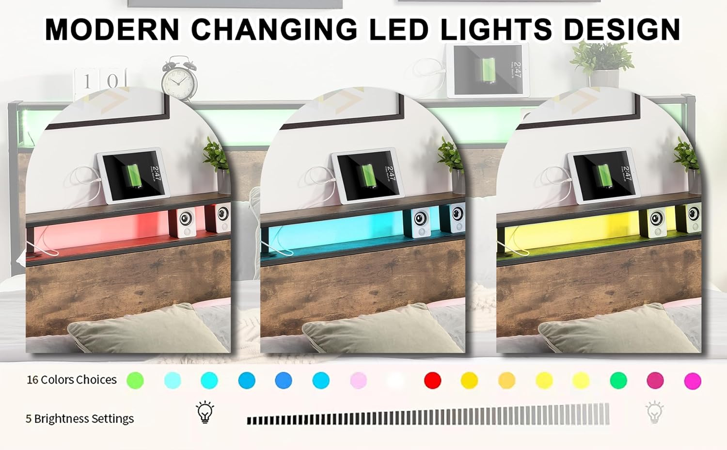 Queen Bed Frame with Storage Headboard and LED Lights, Metal Platform Bed with 4 Drawers, Charging Station, Noise-Free, No Box Spring Needed, Easy Assembly, Brown