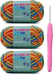 Pacote com 3 fios de crochê (3 x 50 g) com agulha de crochê - Fio médio penteado para crochê - Pontos fáceis de ver, mistura de algodão e nylon, fios de tricô para adultos e crianças