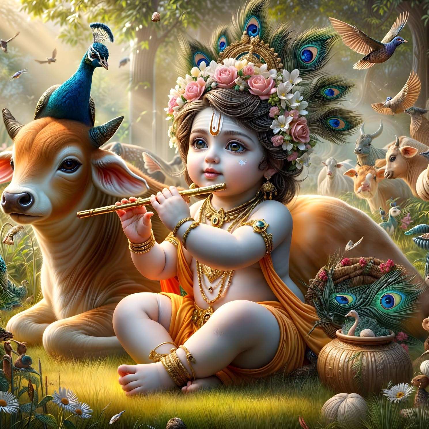 Cryptofeno Divine Baby Krishna Poster – Spiritual Wall Décor with Flute, Peacock & Floral Elegance – Perfect for Prayer Room, Living Room & Bedroom – Premium Print – Size 40 x 40 cm