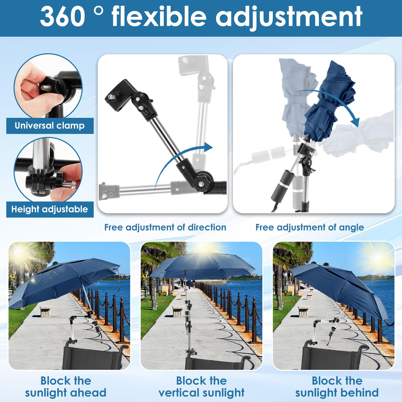 Rollstuhlschirm, 360° Verstellbarer Strandschirm mit Universalklemme, Faltbar Sonnenschutz Regenschutz,Wasserdicht Sonnenschirm,Regenschirm für Elektrische Rollstühle,für Terrasse und Strand
