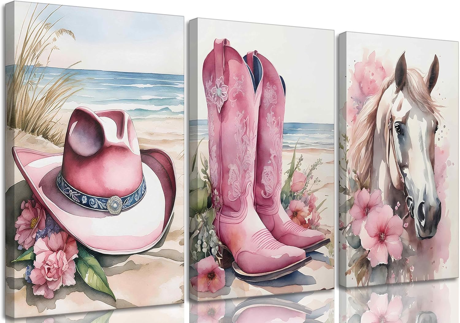 3Pcs Coastal Western Cowgirl Canvas Wall art Pink Flower Boots Hat Horse Aesthetic Painting Pictures Wall Decor Southern Girl Trendy Preppy Posters Print Artwork for Girls Room Bedroom Dorm Women's Boots 24L"x16W"-canvas