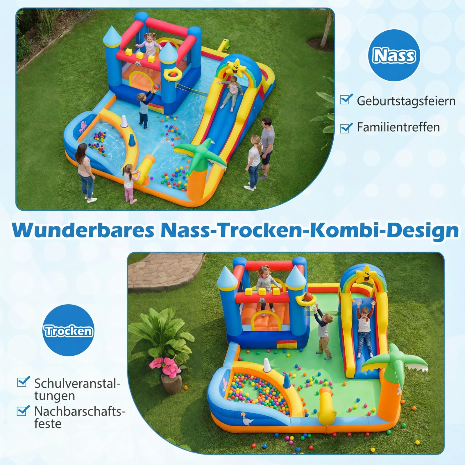 COSTWAY Hüpfburg mit Wasserrutsche, Kletterwand, Sprungbereich, Bällebad, Ringwurfspiel, Wasserkanone, Fußball, Basketball & Volleyball, Wasserhüpfburg für Kinder, Wasserpark für Außenbereich