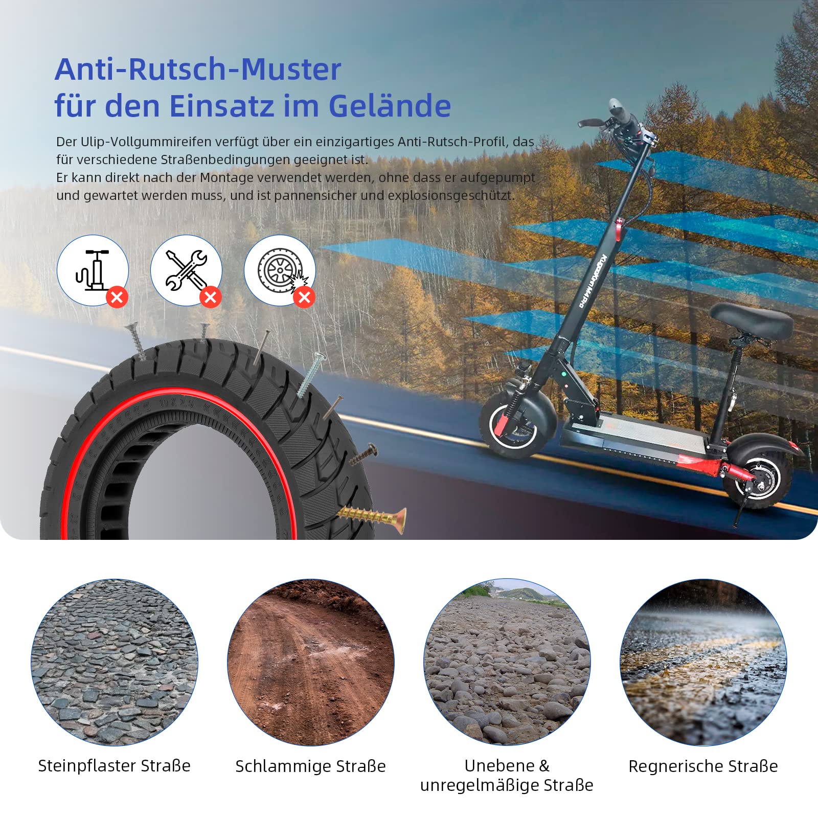 ulip Roue Solide 10x2.5 Pouces pour 10 Pouces Trottinette Electrique Anti Dérapant Anti Crevaison Avant/Arrière Roue